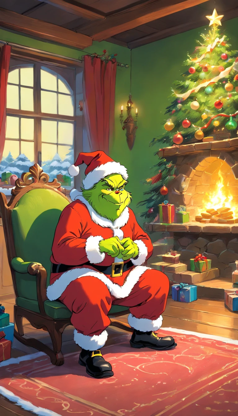 (masterpiece, best quality, ultra-detailed, photorealistic), (the grinch as santa claus, grinning), whimsical, house interior, christmas tree, present, wood fire, side lighting