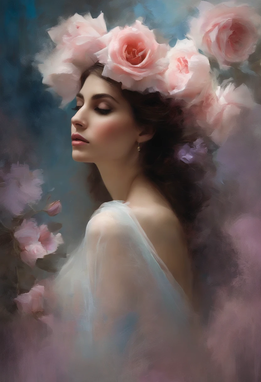 1girl,Flor, Lisianthus ,En el estilo de rosa claro y azul claro, dreamy and romantic compositions, pale pink, ethereal foliage, playful arrangements,fantasy, alto contraste, ink strokes, Explosiones, over exposure, purple and red tone impression , abstracto, ((acuarela de John Berkey y Jeremy Mann )) Pinceladas, espacio negativo,