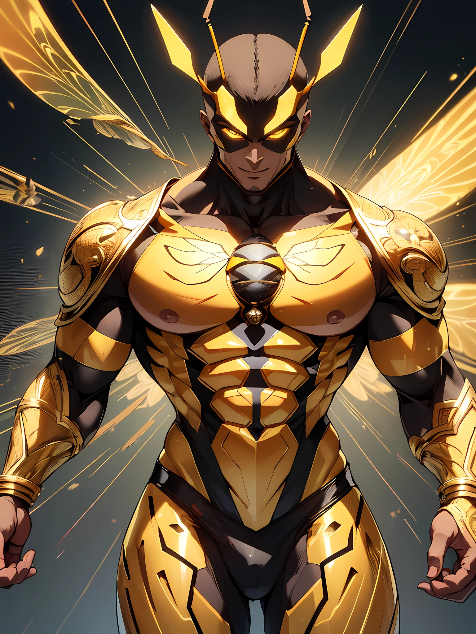 ((absurdres)) perfect whole body, ultra photorealistic, Top quality, Photorealistic, ((16k UHD)), High Definition, high res, ultra sharp, masterpiece, best quality, intricate details, detailed eyes, perfect face detailed face, masterpiece, highly detailed exquisite character art, perfectly detailed anatomy, detailed body, detailed pecs, pecs, thick thighs, (((cinematic light))), ultra-realistic, (((1male))) ((tall muscular man male humanoid)), bald, humanoid yellow skin, big eggs, bee anatomy, deity, god of honey bees, humanoid black & yellow skin tone, yellow hue, powerful humanoid appearance, compound eyes, metallic scales, scales. metallic robes, smiling face, strong jaw, high cheekbones, pecs, sexy pose, touching his pecs, flying in the sky, mandibles, Antenna, honey, ((male muscular stripe black & yellow humanoid insect honey bee)) full body shot, yellow skin, black skin,