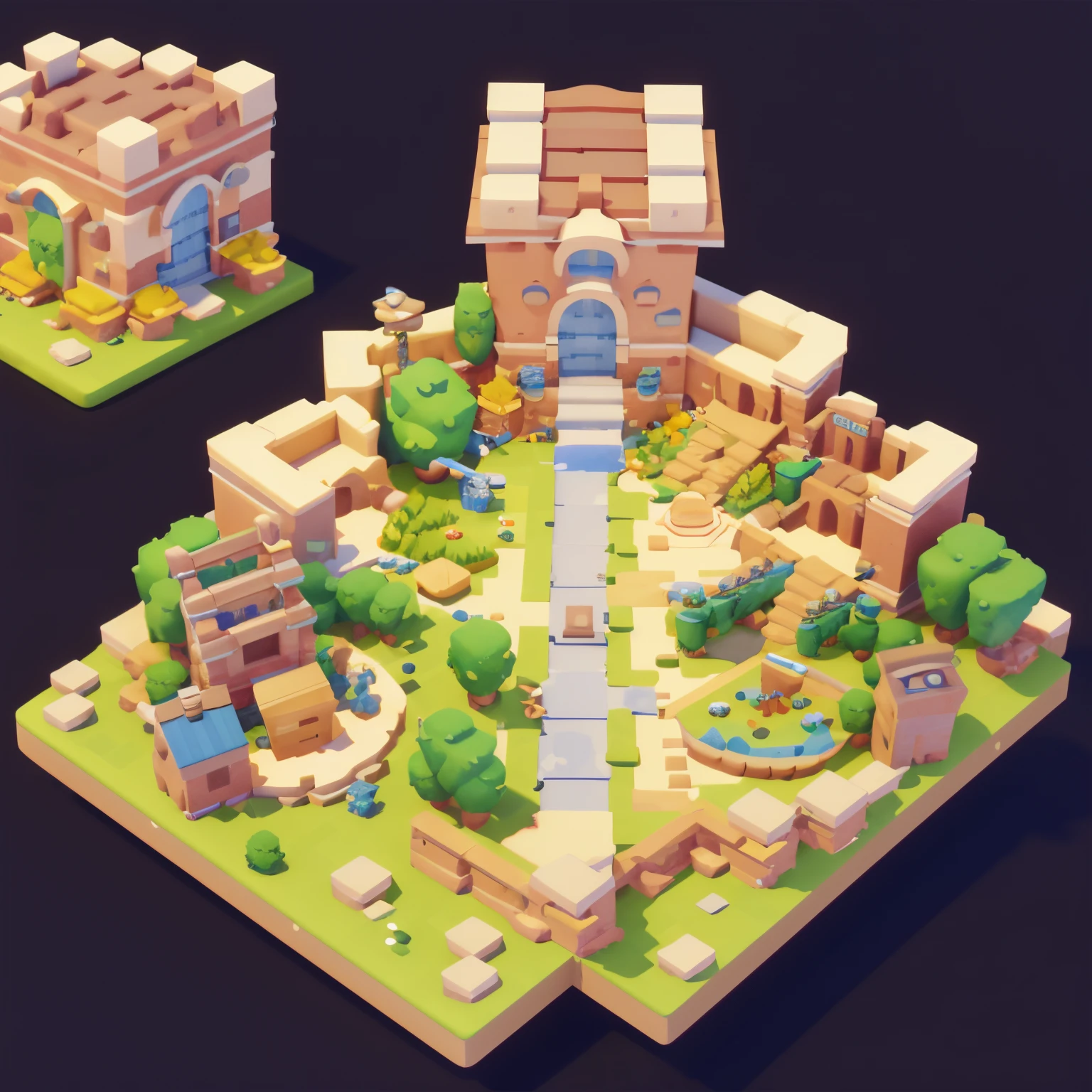 Architectural design of the game、comic strip、towns、stony、Brick、Pasture、a river、florals、casual game style、3D、blender、masterpiece、super detailing、top-quality、Three unicycles at the construction site in formation、Cute decoration、personification、