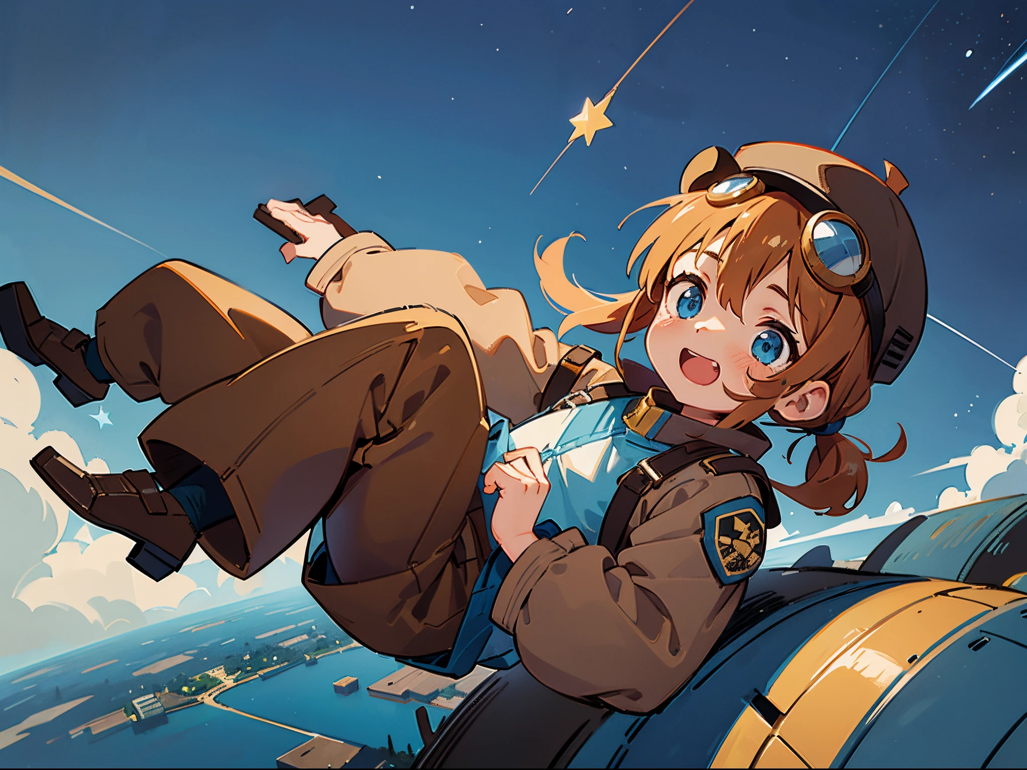 one-girl,Single golden ponytail,Brown bomber hat,Pilot goggles,brown pilot uniform,worn-out clothing,Open your mouth and laugh,blue color eyes,background starry sky,a city far away,Holding a star in his hand,baby,very minimal,3 years old