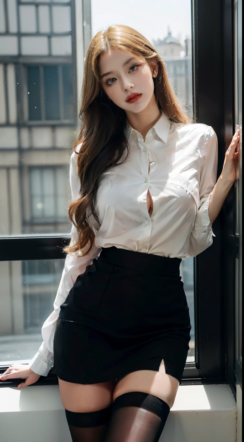 White, Russian,from below, big bust, round big tits、cleavage of breasts、beautiful eyelashes、beautiful double eyelidy legs are very thin、Semi-long hair styling with light dark brown hair、very slim physique、very small hips,spread legs, thin waist、white shirt、Without wearing a skirt、show off pubic hair、quality/cat, 8 thousand, live shooting, Best image quality, (masterpiece: 1.4), (reality, realistic: 1.48), masterpiece、The best quality、very detailed、detailed light、detailed shadows、raw、