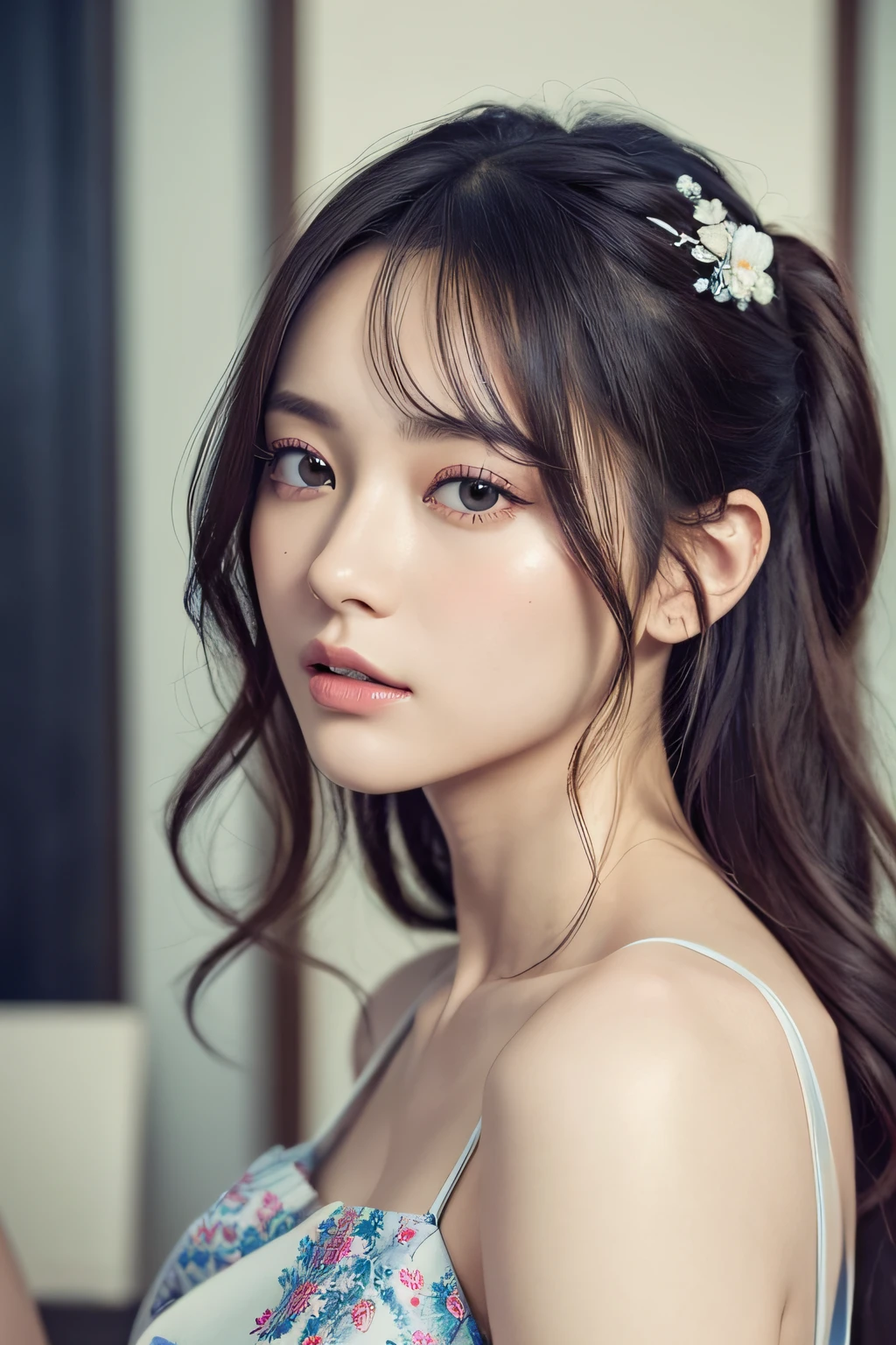 Focus on people。Create and express the best shining composition of the person in a realistic way。((masterpiece))、(((top-quality)))、((ultra-detailliert))、(A hyper-realistic)、(highly detailed CGillustration)、(extremely delicate and beautiful)、Girl a masterpiece、top-quality、Realistic skin feeling、Realistic fabric、We will introduce a realist illustration focusing on the center front of girls with realistic and ultra-detailed eyes.。This is the absolute rule, and the following sentence expresses the image quality。 The greatest painter in human history meets an unparalleled beauty、It is the greatest masterpiece in the history of the Inuiku Ichigo, which depicts the most beautiful figure of a lifetime.。 Create stunning anime artwork that is currently trending on seaStation、Introducing exquisite beauty and seductive aesthetics。Hair is tied up、Blue pesant dress with detailed floral embroidery、NOWAI