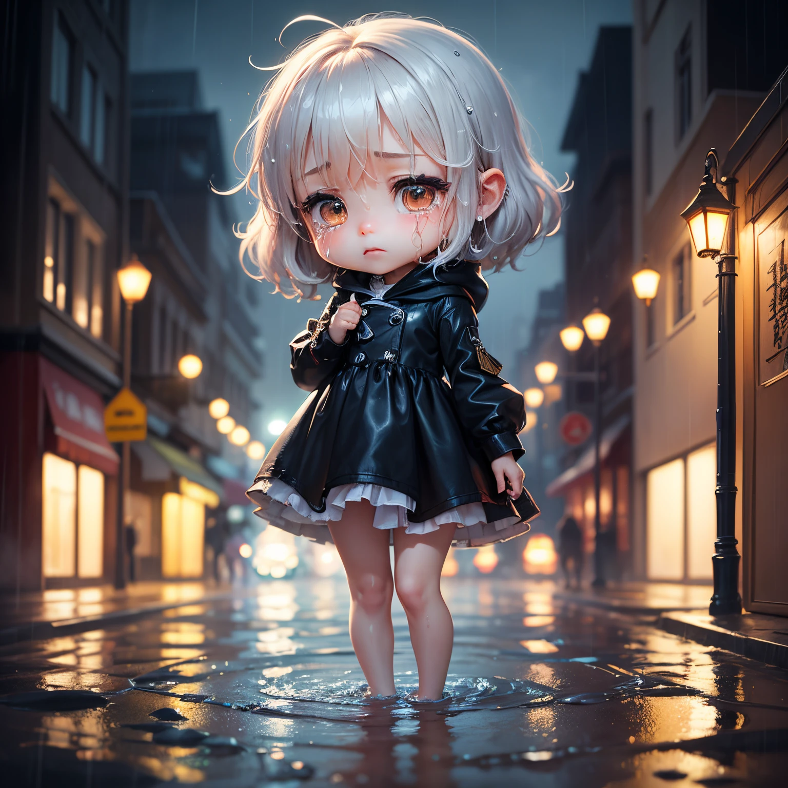 masterpiece、top-quality、ultra-detailliert、(Chibi Chara's Daughter:1.2)、downpours、Wet whole body、princess dress、lamentation、City scenery blurred by rain、Standing、Crying face