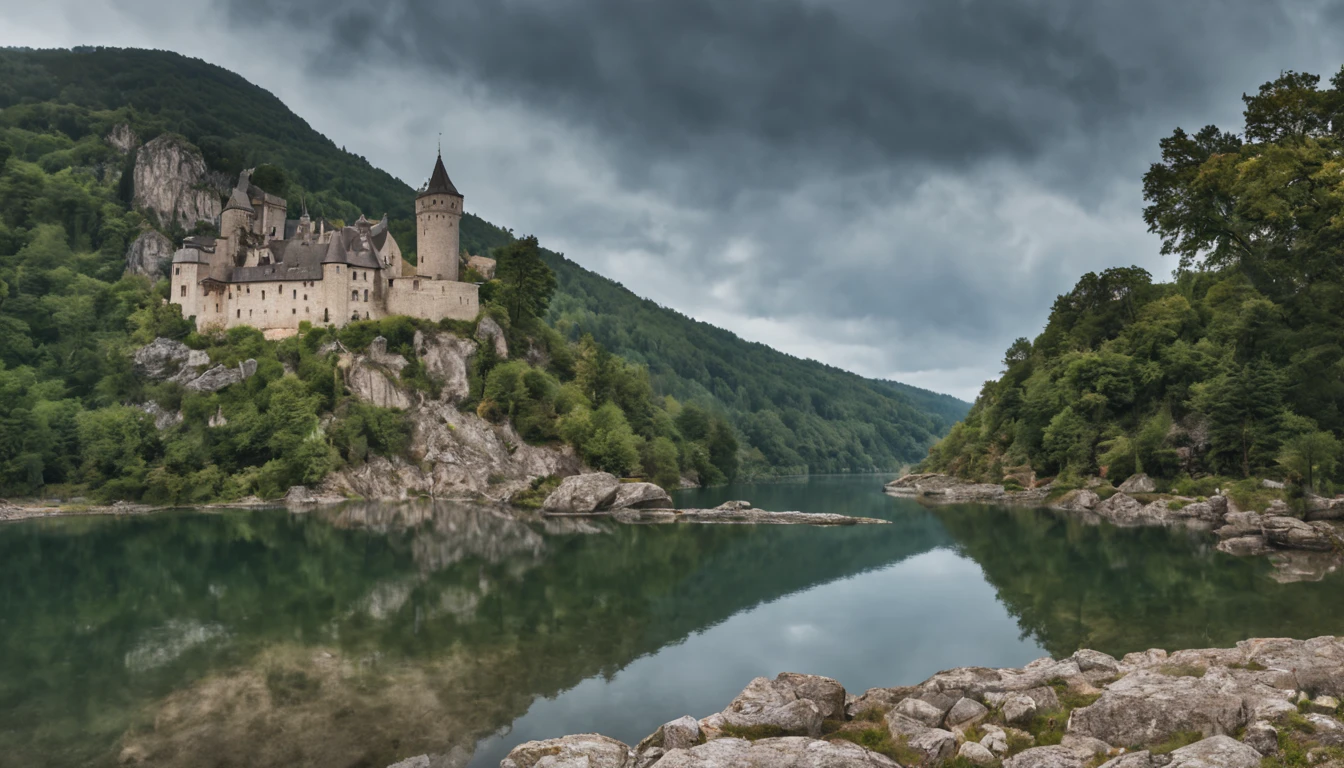A historic European castle, perched on a cliff overlooking a serene lake. captured on a sony A6000
