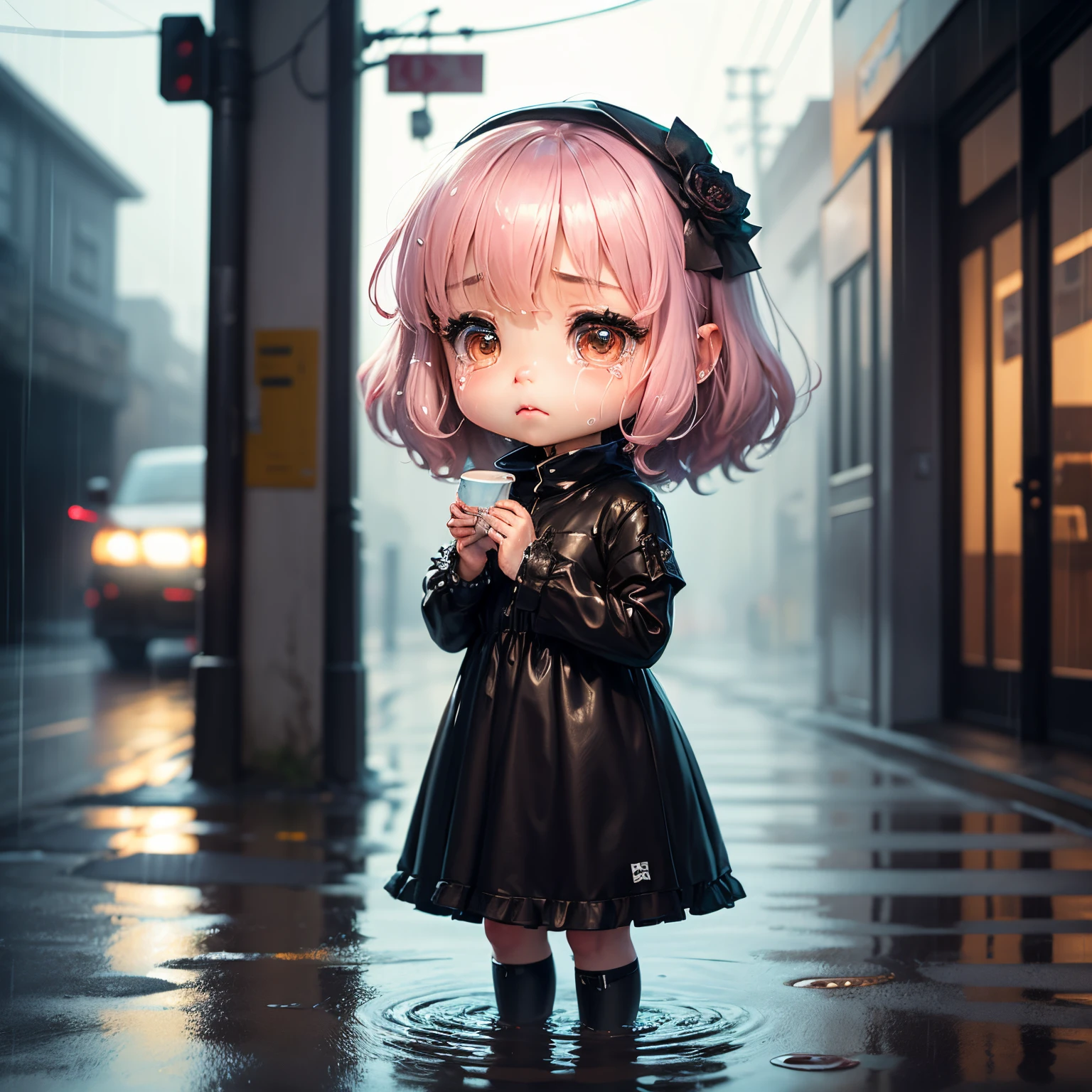 masterpiece、top-quality、ultra-detailliert、(Chibi Chara's Daughter:1.2)、downpours、Wet whole body、princess dress、lamentation、City scenery blurred by rain、Standing、Crying face