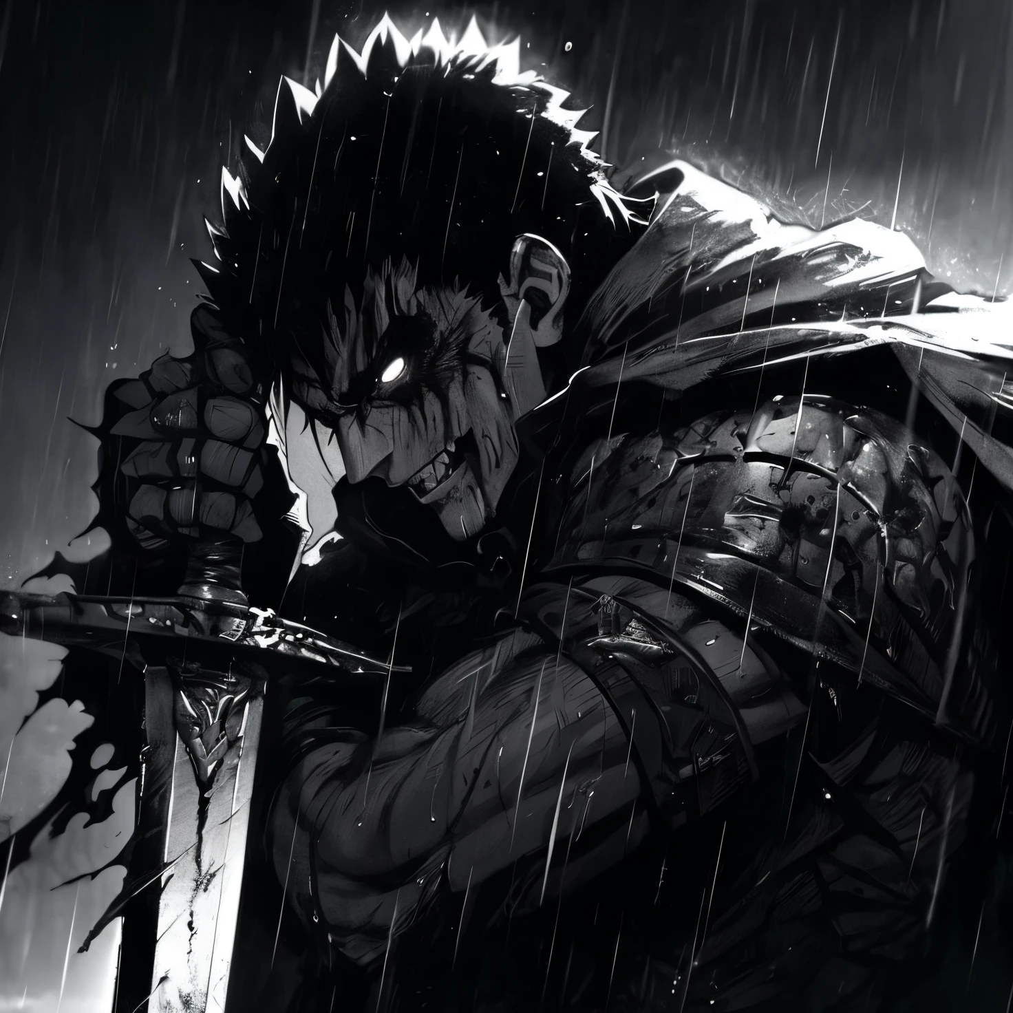 anime, black and white, sword, guy, rain, sword, berserk art style, berserk style, berserk guts, from berserk, guts berserk, berserk manga, berserk, guts from berserk, in berserk manga, berserk blood, handsome guy in demon slayer art, 4 k manga wallpaper, portrait of guts from berserk