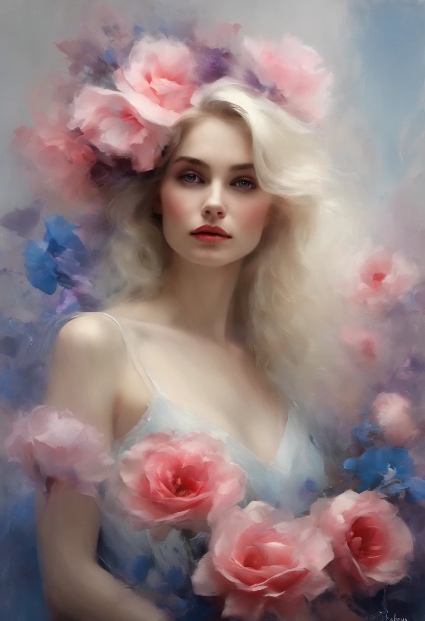 1girl,flor, Lisianthus ,En el estilo de rosa claro y azul claro, dreamy and romantic compositions, pale pink, ethereal foliage, playful arrangements,fantasy, alto contraste, ink strokes, Explosiones, over exposure, purple and red tone impression , abstracto, ((acuarela de John Berkey y Jeremy Mann )) Pinceladas, espacio negativo, NSFW