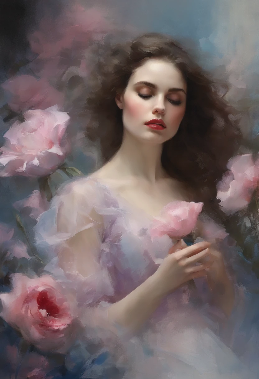 1girl,flor, Lisianthus ,En el estilo de rosa claro y azul claro, dreamy and romantic compositions, pale pink, ethereal foliage, playful arrangements,fantasy, alto contraste, ink strokes, Explosiones, over exposure, purple and red tone impression , abstracto, ((acuarela de John Berkey y Jeremy Mann )) Pinceladas, espacio negativo, NSFW