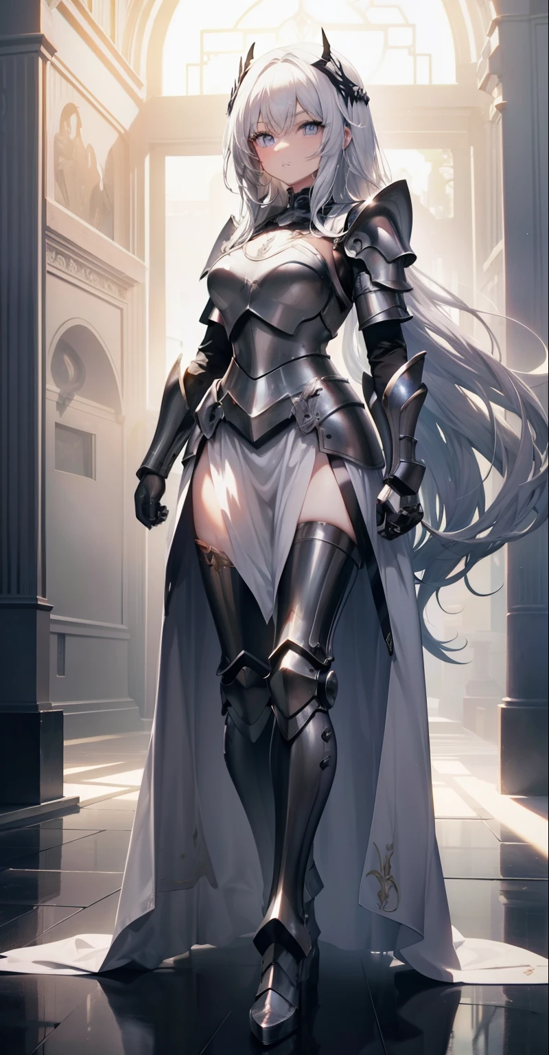 (masterpiece), (best quality), 4k resolution, (light and shadow effect), a girl, adult, fair skin, (perfect eyes), eyebrows, nose, ears, mouth, lips, big hair, locks, bangs , (light and shadow effects on hair), silver armor, (full body armor),