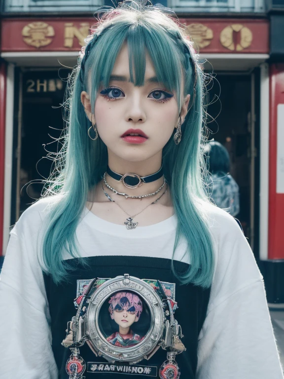 the Extremely Detailed CG Unity 8K Wallpapers、top-quality、ultra-detailliert、masterpiece、studio shoot、Full body portrait、(London punk fashion of the 70s:1.4), tshirts、a choker、Silver Accessories、Vivienne Westwood、Sex pistols、realisitic、Behind the photo、large full breasts、realisitic、Photo Real、extremely detailed cute girl、Faces of Korean idols、独奏、17 age、Melancholy look, (Against the backdrop of London's Camden Town:1.4), blue and green colored hair, red-lips、out of focus、blur、