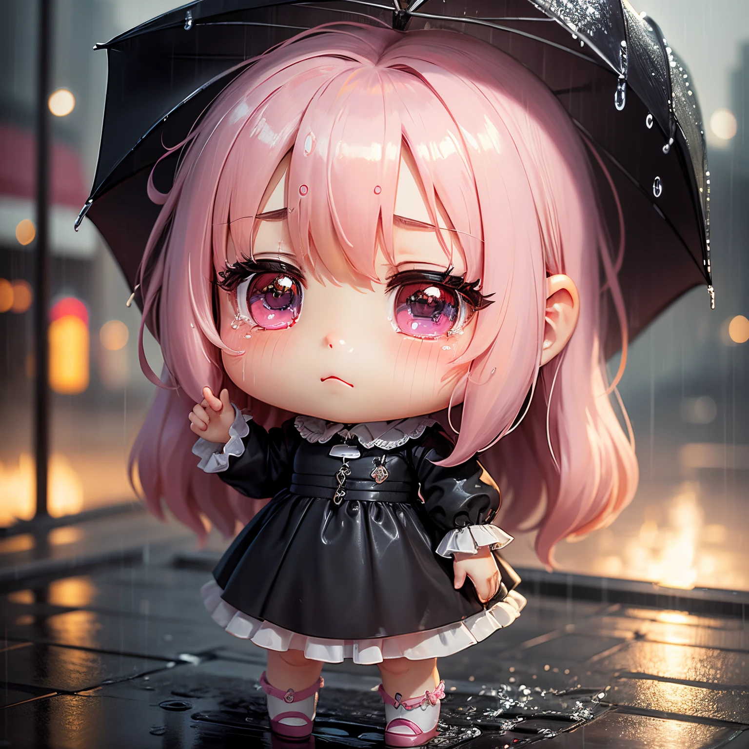 masterpiece、top-quality、ultra-detailliert、(Chibi Chara's Daughter:1.2)、downpours、Wet whole body、Pale pink princess dresses、lamentation、City scenery blurred by rain、Standing、Crying face
