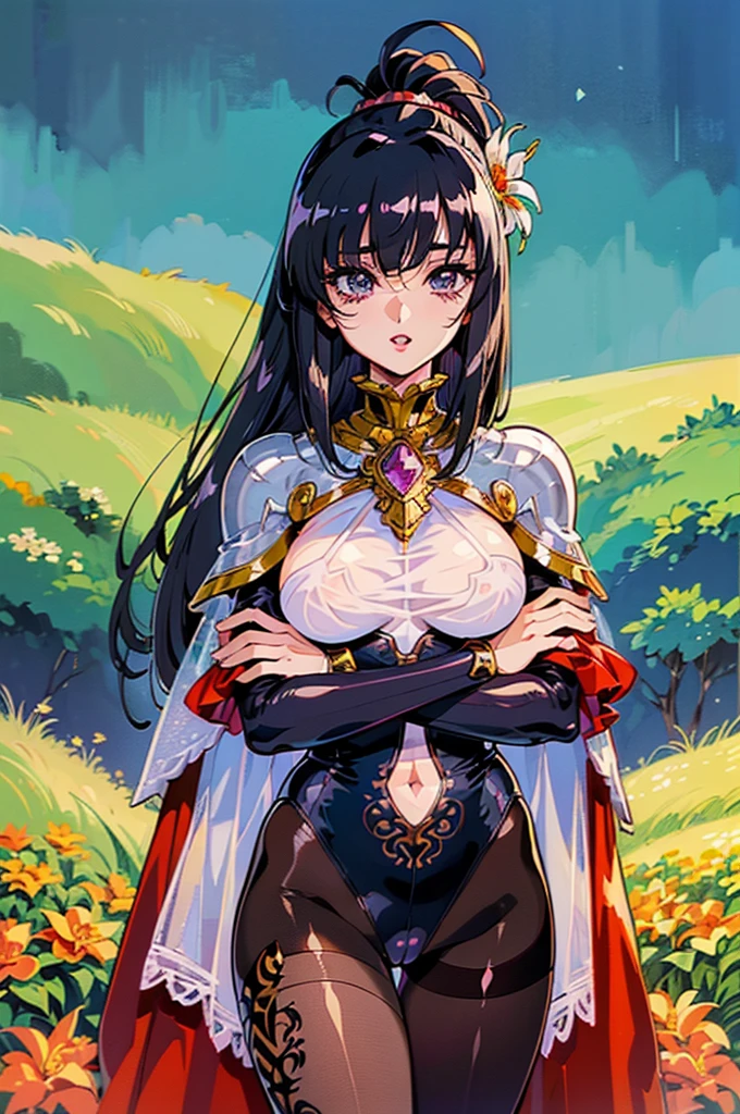 "(masterpiece:1.1), best quality,
1girl, (80s anime style:1.3), (eyelashes:1.5), (loli:1.2),
(intricate high detailed body:1.2),
black hair, (hair between eyes:1.1), (long hair, straight hair:1.1), (crown:1.2),
brown eyes, (thick eyebrows:1.1),
(muscular body:1.1), (gigantic breasts:1.3),
(happy, smile:1.2), blush,open mouth,
(see-through cloth leotard armor, corset:1.2), (pantyhose:1.2),
(suspenders:1.1), (streaked hair:1.2), bracelet,
standing, crossed arms,
(full body, looking at viewer, from front:1.1),
(daytime, grassland, outdoors:1.2)"