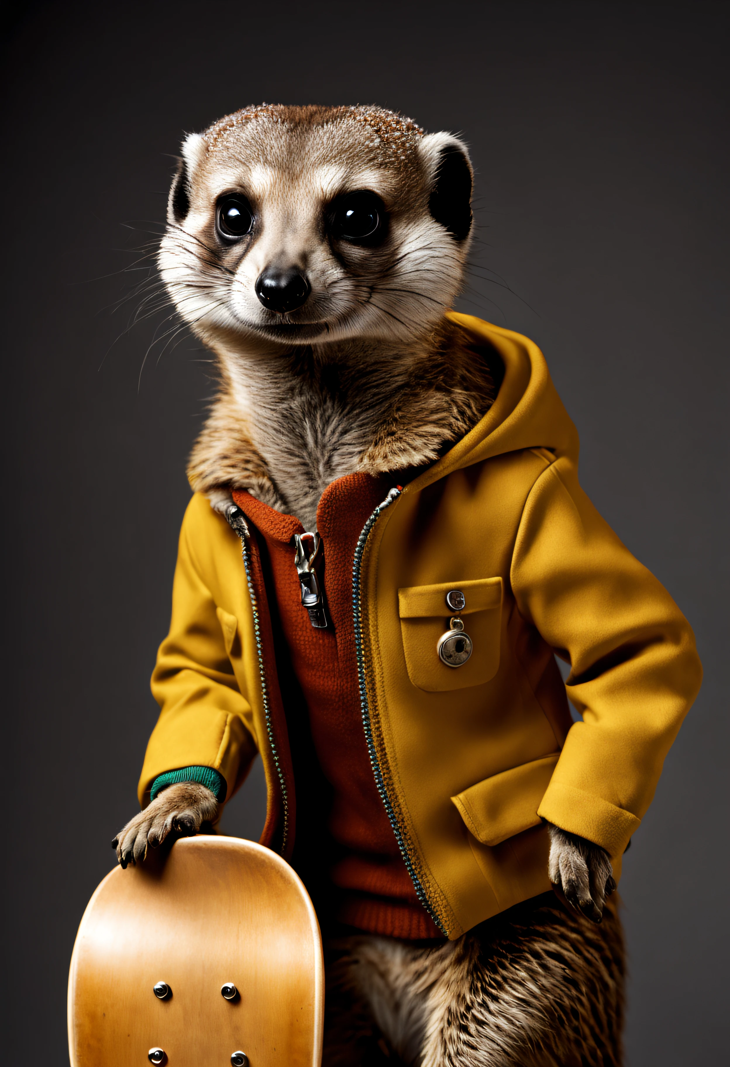 photorealistic portait of Dressed animals - a meerkat skateboarder, high quality, highly detailed, studio lighting,