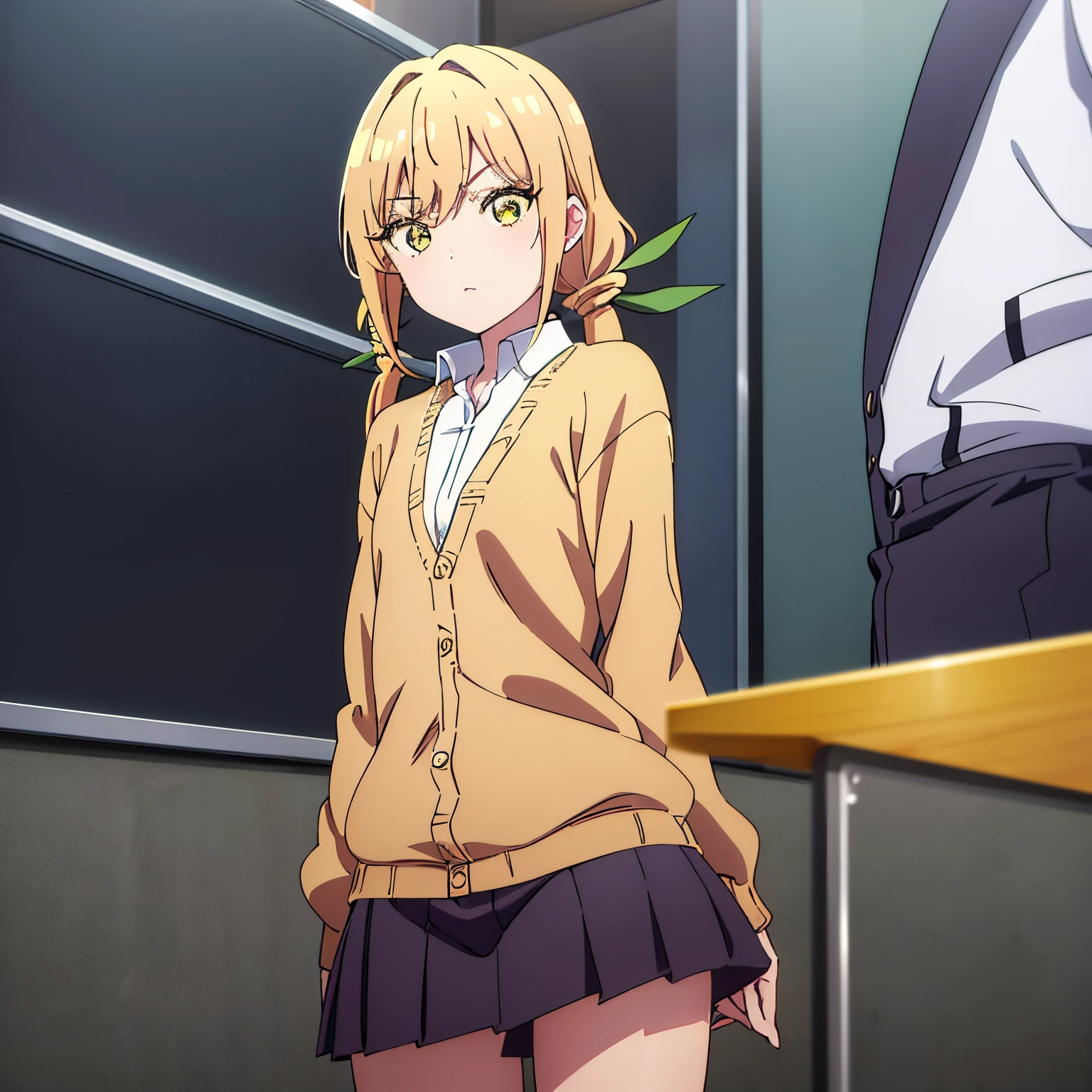 karaneinda, 1girl, alone, karane inda, blonde hair, (yellow eyes: 1.5), hair ribbon, pigtails, low pigtails, long hair, (green ribbon: 1.2), , embarrassed, BREAK skirt, shirt, school uniform, white shirt, pleated skirt, cardigan, white shirt, collar, black skirt, brown cardigan, long sleeve, REST looking at the viewer, REST indoors, in the classroom (cowboy shot: 1.5), BREAK (masterpiece:1.2), best quality, high resolution, unity 8k wallpaper, (artwork:0.8), (beautiful detailed eyes:1.6), extremely detailed face, perfect lighting , extremely detailed CG, (perfect hands, perfect anatomy), medium breasts, medium hips, medium thighs