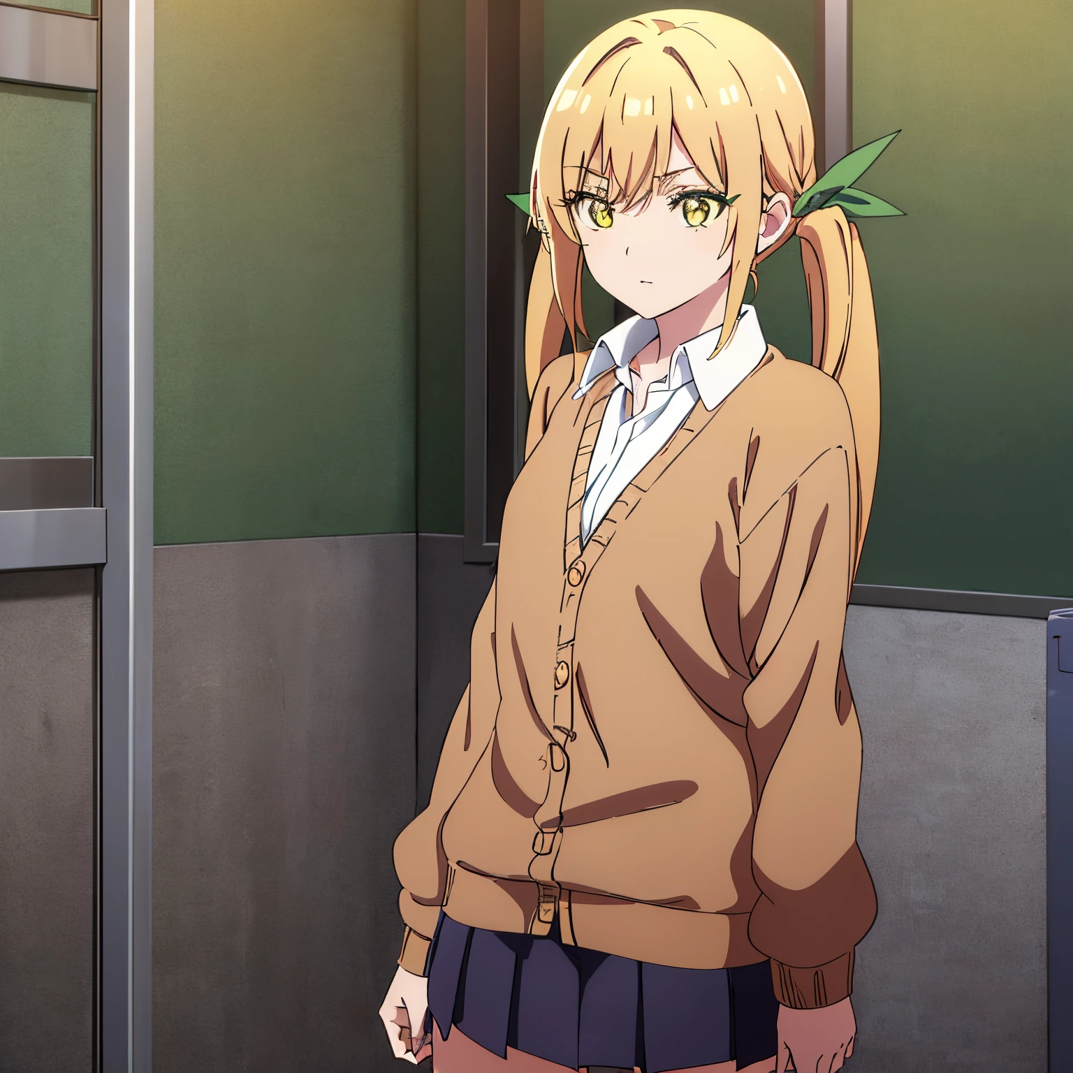 karaneinda, 1girl, alone, karane inda, blonde hair, (yellow eyes: 1.5), hair ribbon, pigtails, low pigtails, long hair, (green ribbon: 1.2), , embarrassed, BREAK skirt, shirt, school uniform, white shirt, pleated skirt, cardigan, white shirt, collar, black skirt, brown cardigan, long sleeve, REST looking at the viewer, REST indoors, in the classroom (cowboy shot: 1.5), BREAK (masterpiece:1.2), best quality, high resolution, unity 8k wallpaper, (artwork:0.8), (beautiful detailed eyes:1.6), extremely detailed face, perfect lighting , extremely detailed CG, (perfect hands, perfect anatomy), medium breasts, medium hips, medium thighs