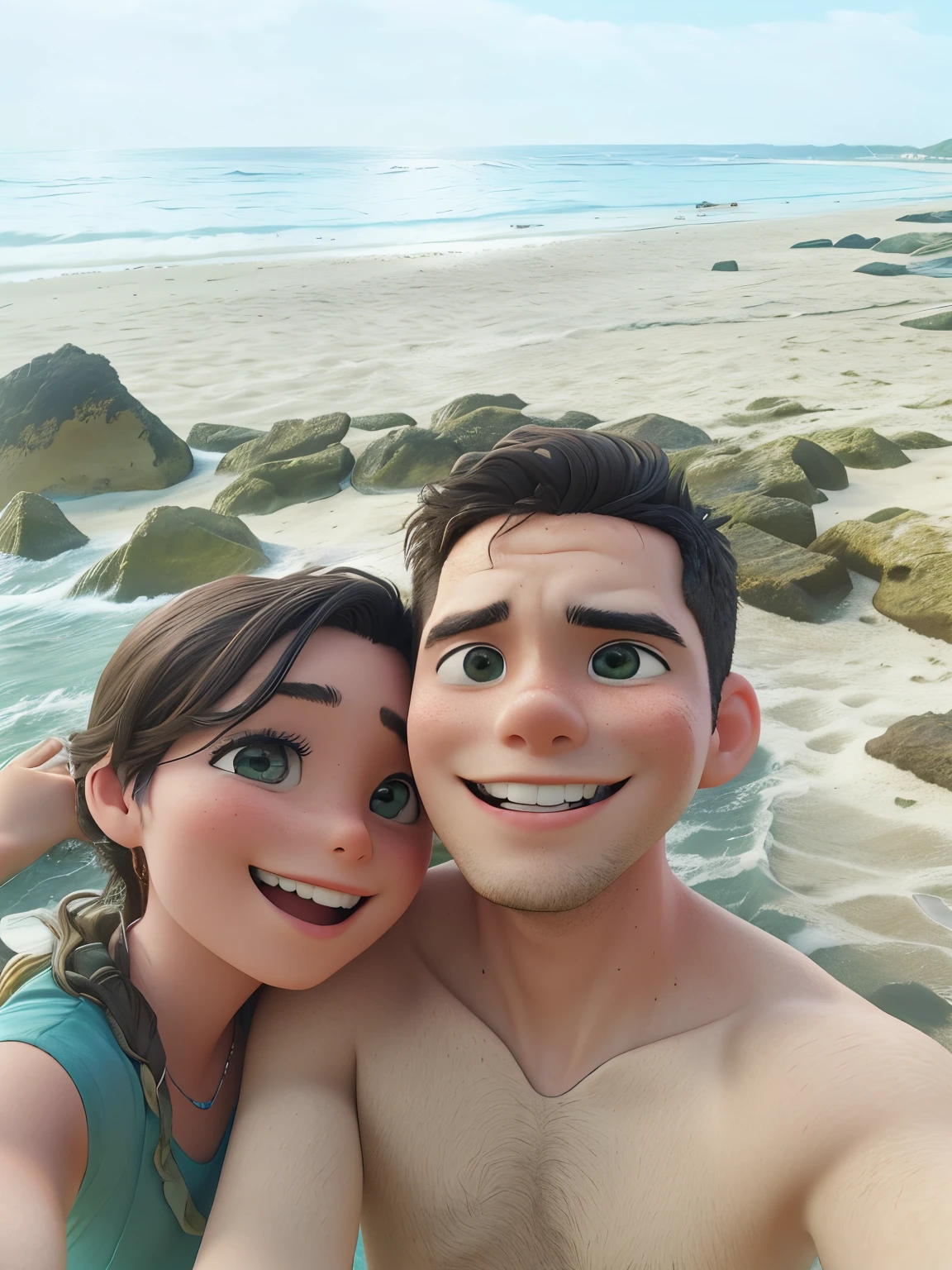 they are posing for a picture on the beach with the ocean in the background, selfie photo, happy couple, taken on go pro hero8, vacation photo, at the beach, in the beach, in love selfie, beach pic, at a beach, the ocean in the background, beaching, selfie, in the sea, tyler edlin and natasha tan