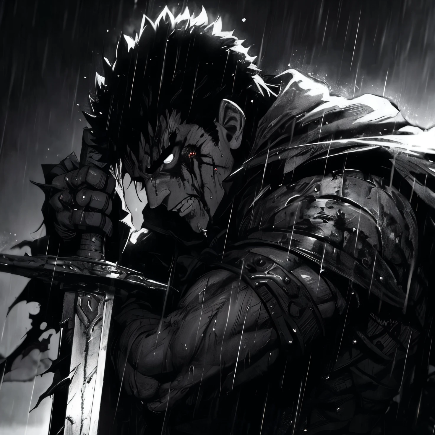 anime, black and white, sword, guy, rain, sword, berserk art style, berserk style, berserk guts, from berserk, guts berserk, berserk manga, berserk, guts from berserk, in berserk manga, berserk blood, handsome guy in demon slayer art, 4 k manga wallpaper, portrait of guts from berserk