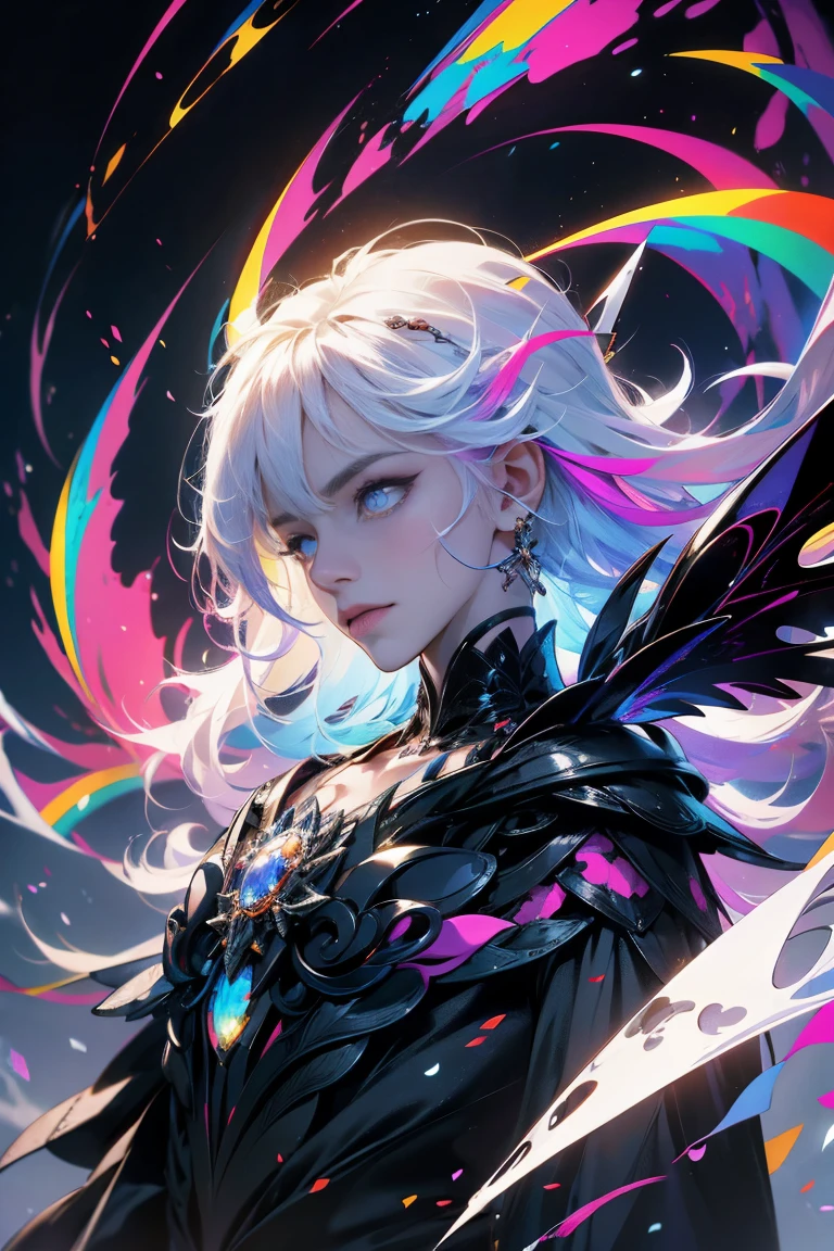 1 handsome guy,Rainbow pupils,Black and white hair,ultra - detailed,(s fractal art:1.4), rich colourful, detailed back ground,(Fractals in the background:1.2),Chaos and order,Black and white,Light and darkness,angel and demon, hight contrast, Ray traching, cinmatic lighting, (Start from the front:0.6)