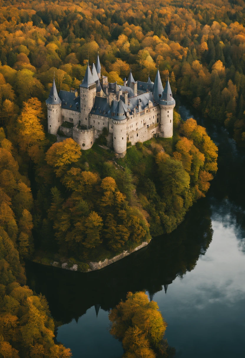 A historic European castle, surrounded by a forest captured on a sony A6000, in a 16:9