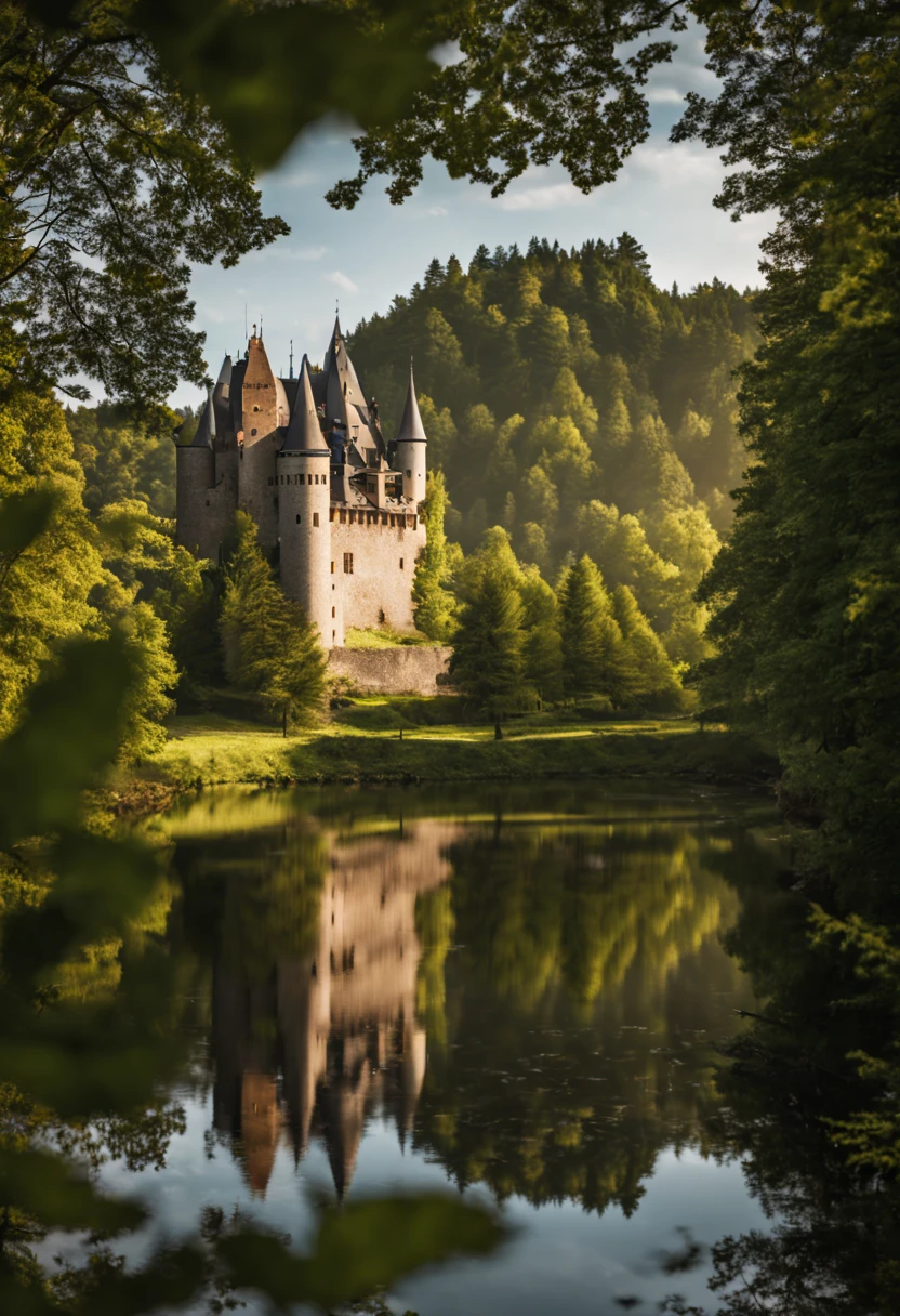 A historic European castle, surrounded by a forest captured on a sony A6000, in a 16:9