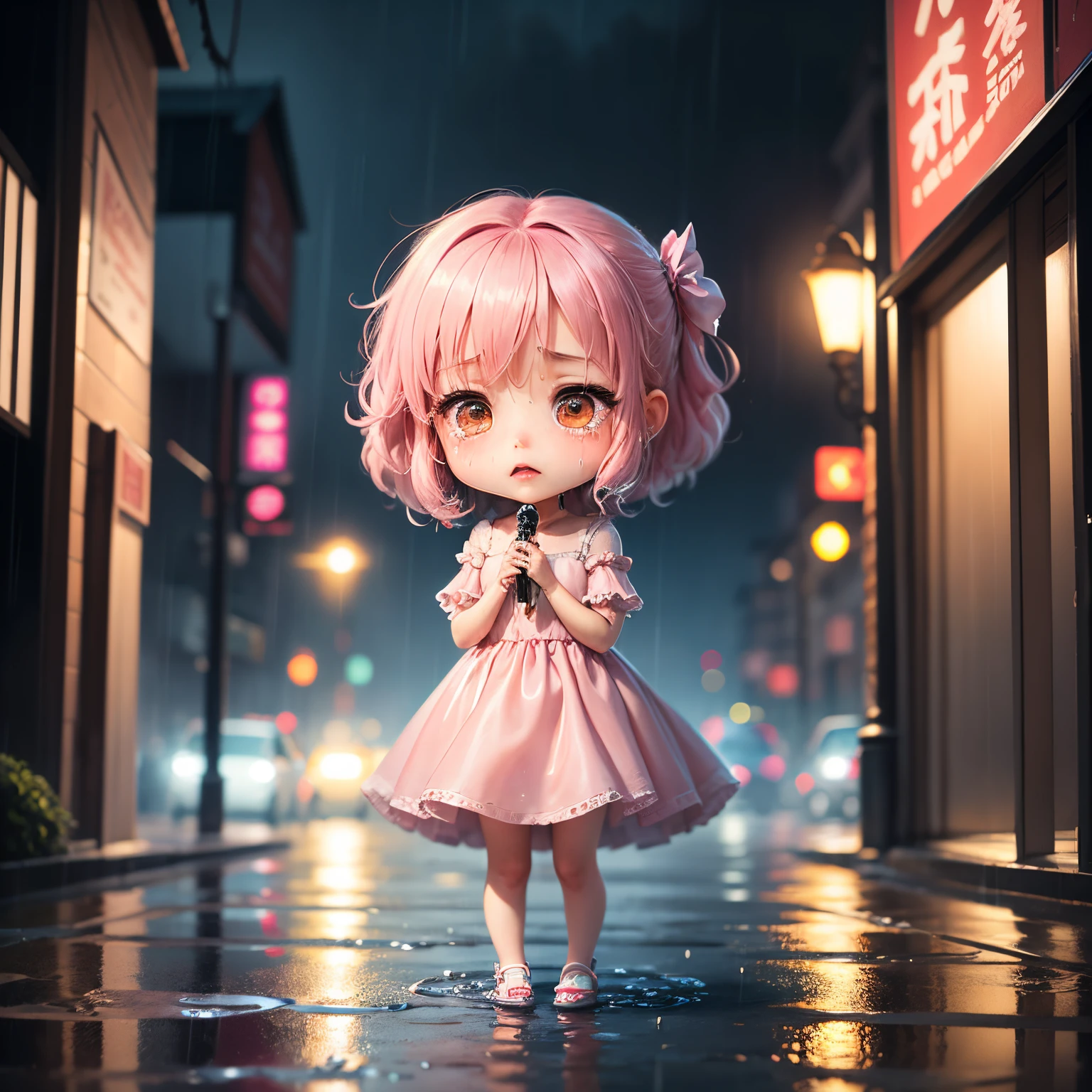 ​masterpiece、top-quality、ultra-detailliert、(Chibi Chara's Daughter:1.2)、downpours、Wet whole body、Pale pink princess dresses、lamentation、City scenery blurred by rain、Standing、Crying face