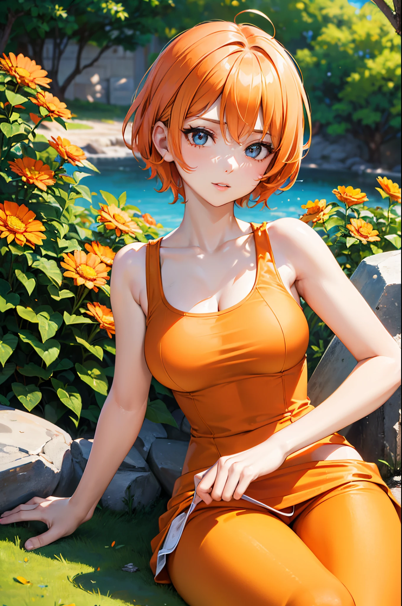 (a woman, park, sunny day, orange sundress, RAW, UHD, 8K, upper body portrait:1.1, head, highly detailed face, stunning eyes, orange short hair, back towards camera, tight clothes, vibrant colors, warm sunlight) sitting,