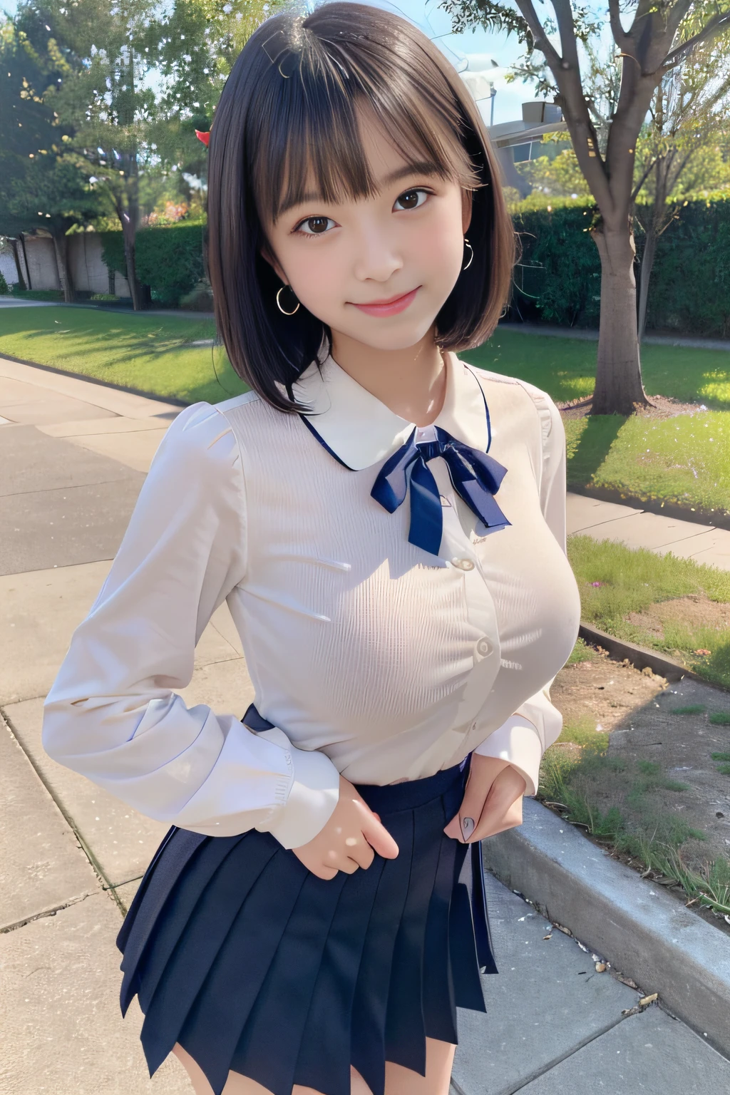 (high school ground), (Stand in a lovely pose, smile with teeth, Look at viewer, Look at camera, affable:1.2), (high school uniform, Long sleeve White blouse, navy pleated skirt, red ribbon on the chest, white socks, loafers, student bag:1.3), (full length, whole body), (black hair, 18 years old, slim waist and large breasts style, short height, short bob cut, blush stickers, one little star earring, lively eyes, younger sister girl, round face, eyebrows downward, light blush, Look at viewers, affectionate cute, cute girl, surreal high school girl, big breasts:1.4), (Surrealism, natural lighting, depth of field, Nikon, 8k, super detail, masterpiece, high details, anatomically correct, award winning:1.5)