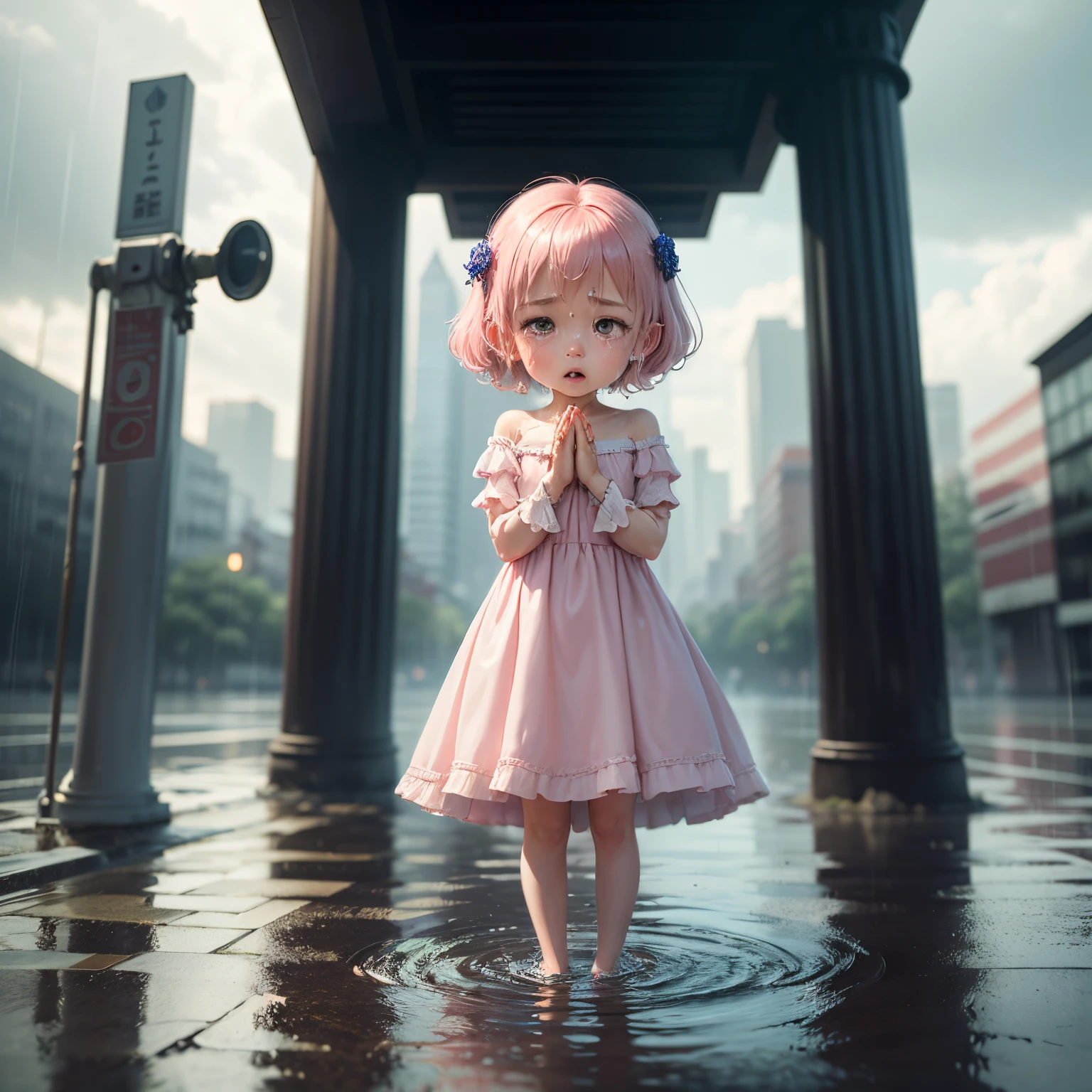 ​masterpiece、top-quality、ultra-detailliert、(Chibi Chara's Daughter:1.2)、downpours、Wet whole body、Pale pink princess dresses、lamentation、Prayer Hands、City scenery blurred by rain、Standing、Crying face