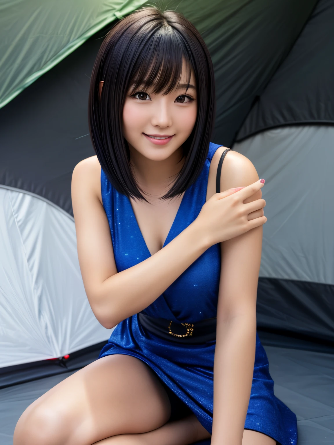 Product quality, 1 girl, Front view, a Japanese young pretty girl, Bob Hair, Glamorous figure, Upper body , Wearing a short, Sitting in a tent with a big smile on your face, hyper cute face, Glossy lips, double eyelids for both eyes, Natural makeup, A dark-haired, asymmetrical bangs, central image, High resolution, high detailing, detailed hairstyle, Detailed face, Cinematic lighting, Octane Rendering, Vibrant, hyper realisitic, Perfect limbs, Perfect Anatomy