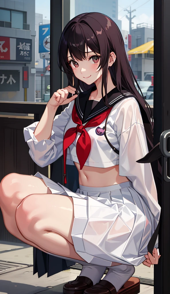 1girl in、A smile、The shirt、skirt by the、（small tits）Chilarism、Japan High School Student Uniform、serafuku、summer clothing、Squall Drenched Uniform、（Sheer Bra）、Upper body portrait、light cream hair、Squatting panchira、