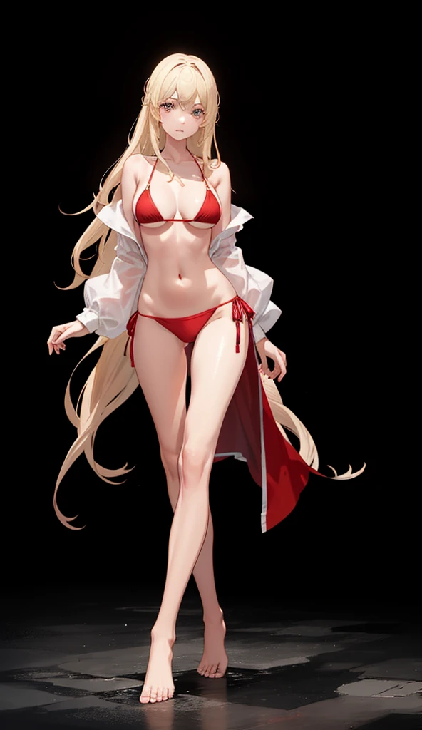 1girl full body, barefoot, standing straight, looking to the viewer, red bikini, big breast, showing ass, blonde long hair, white skin, thighs, crossing legs