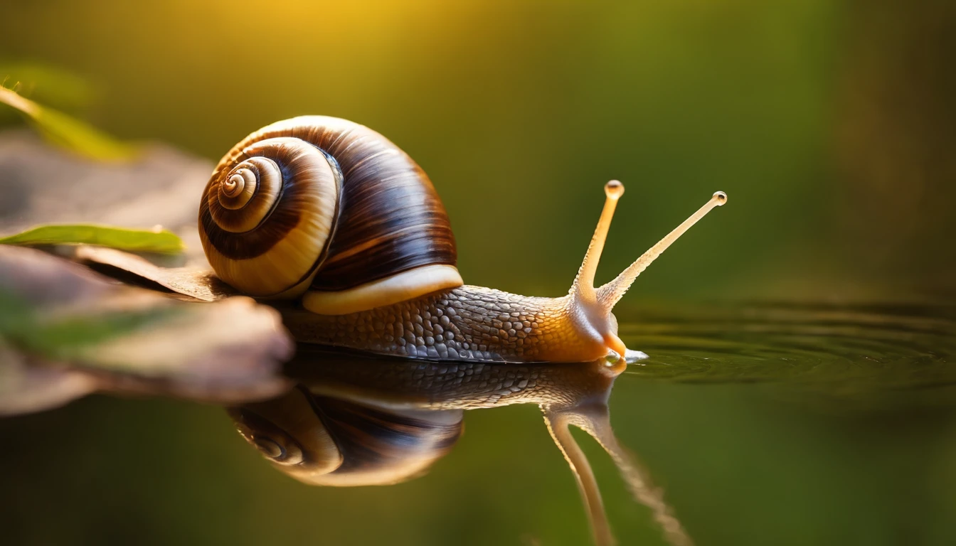 Imagine a captivating scene where a tiny snail, with exquisite micro-details, leisurely crawls along a small branch suspended over a tranquil pond. Envision the snail in the warm glow of golden hour, its delicate body highlighted by the soft, enchanting light.
Zoom in on the intricate details of the snail's shell, capturing the unique patterns and textures. Highlight the slow and deliberate movements of its body as it navigates the small branch, emphasizing the gentle nature of this tiny creature.
Place the branch over a pond, reflecting the surrounding scenery with serene waters. Illuminate the scene with the warm hues of golden hour, creating a harmonious blend of colors that enhances the overall beauty.
Incorporate a stunning, well-lit flower within reach of the snail, its vibrant colors standing out against the softer tones of the pond and branch. Capture the delicate interaction as the snail reaches for the flower, adding a touch of whimsy and beauty to the micro-detailed scene.
This detailed prompt aims to inspire a visually captivating depiction of a snail crawling on a small branch over a pond during golden hour, with a focus on micro-details, gorgeous colors, and the enchanting moment of the snail reaching for a well-lit flower.