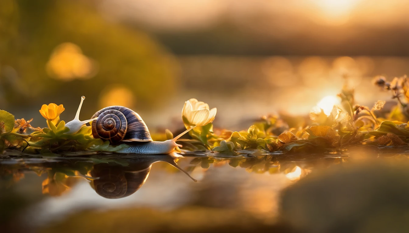 Imagine a captivating scene where a tiny snail, with exquisite micro-details, leisurely crawls along a small branch suspended over a tranquil pond. Envision the snail in the warm glow of golden hour, its delicate body highlighted by the soft, enchanting light.
Zoom in on the intricate details of the snail's shell, capturing the unique patterns and textures. Highlight the slow and deliberate movements of its body as it navigates the small branch, emphasizing the gentle nature of this tiny creature.
Place the branch over a pond, reflecting the surrounding scenery with serene waters. Illuminate the scene with the warm hues of golden hour, creating a harmonious blend of colors that enhances the overall beauty.
Incorporate a stunning, well-lit flower within reach of the snail, its vibrant colors standing out against the softer tones of the pond and branch. Capture the delicate interaction as the snail reaches for the flower, adding a touch of whimsy and beauty to the micro-detailed scene.
This detailed prompt aims to inspire a visually captivating depiction of a snail crawling on a small branch over a pond during golden hour, with a focus on micro-details, gorgeous colors, and the enchanting moment of the snail reaching for a well-lit flower.