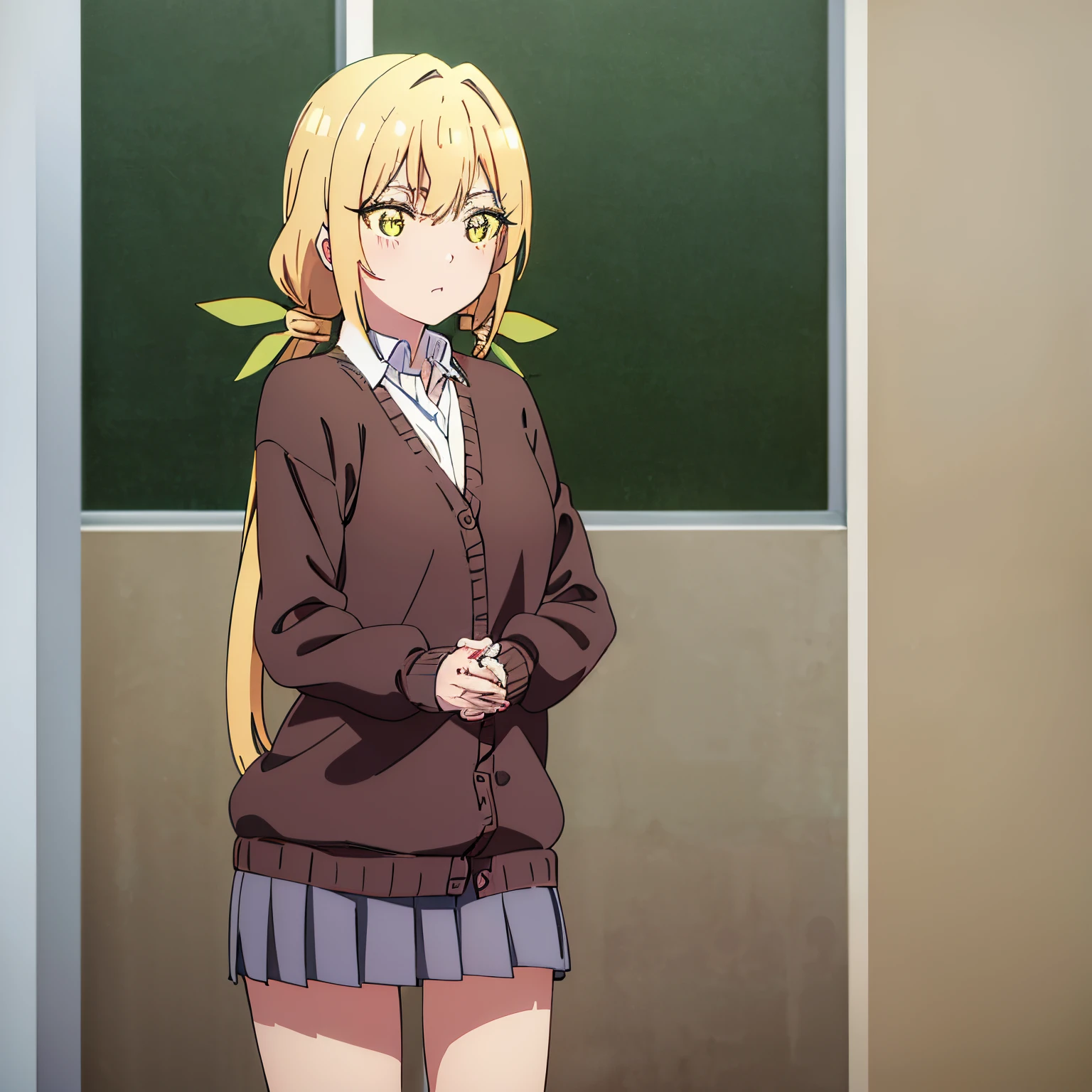 karaneinda, 1girl, alone, karane inda, blonde hair, (yellow eyes: 1.5), hair ribbon, pigtails, low pigtails, long hair, (green ribbon: 1.2), , embarrassed, BREAK skirt, shirt, school uniform, white shirt, pleated skirt, cardigan, white shirt, collar, black skirt, brown cardigan, long sleeve, REST looking at the viewer, REST indoors, in the classroom (cowboy shot: 1.5), BREAK (masterpiece:1.2), best quality, high resolution, unity 8k wallpaper, (artwork:0.8), (beautiful detailed eyes:1.6), extremely detailed face, perfect lighting , extremely detailed CG, (perfect hands, perfect anatomy), medium breasts, medium hips, medium thighs
