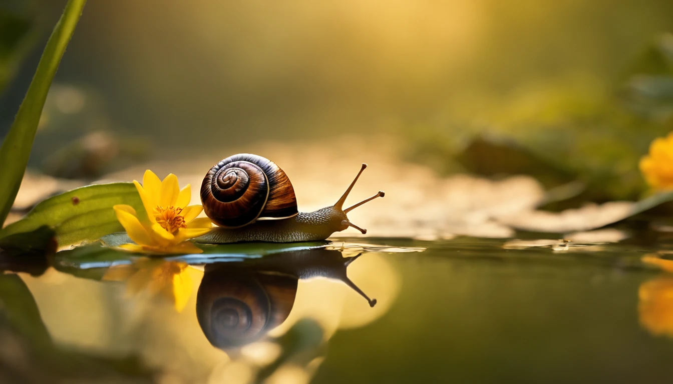 Imagine a captivating scene where a tiny snail, with exquisite micro-details, leisurely crawls along a small branch suspended over a tranquil pond. Envision the snail in the warm glow of golden hour, its delicate body highlighted by the soft, enchanting light.
Zoom in on the intricate details of the snail's shell, capturing the unique patterns and textures. Highlight the slow and deliberate movements of its body as it navigates the small branch, emphasizing the gentle nature of this tiny creature.
Place the branch over a pond, reflecting the surrounding scenery with serene waters. Illuminate the scene with the warm hues of golden hour, creating a harmonious blend of colors that enhances the overall beauty.
Incorporate a stunning, well-lit flower within reach of the snail, its vibrant colors standing out against the softer tones of the pond and branch. Capture the delicate interaction as the snail reaches for the flower, adding a touch of whimsy and beauty to the micro-detailed scene.
This detailed prompt aims to inspire a visually captivating depiction of a snail crawling on a small branch over a pond during golden hour, with a focus on micro-details, gorgeous colors, and the enchanting moment of the snail reaching for a well-lit flower.