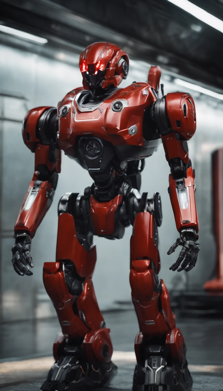 a robot,With ultra-realistic photo realism、Ultra-detailed details、8k, shelmet,sci-fy,malefocus,armour,buliding,droid,red - eyed,Surreal art