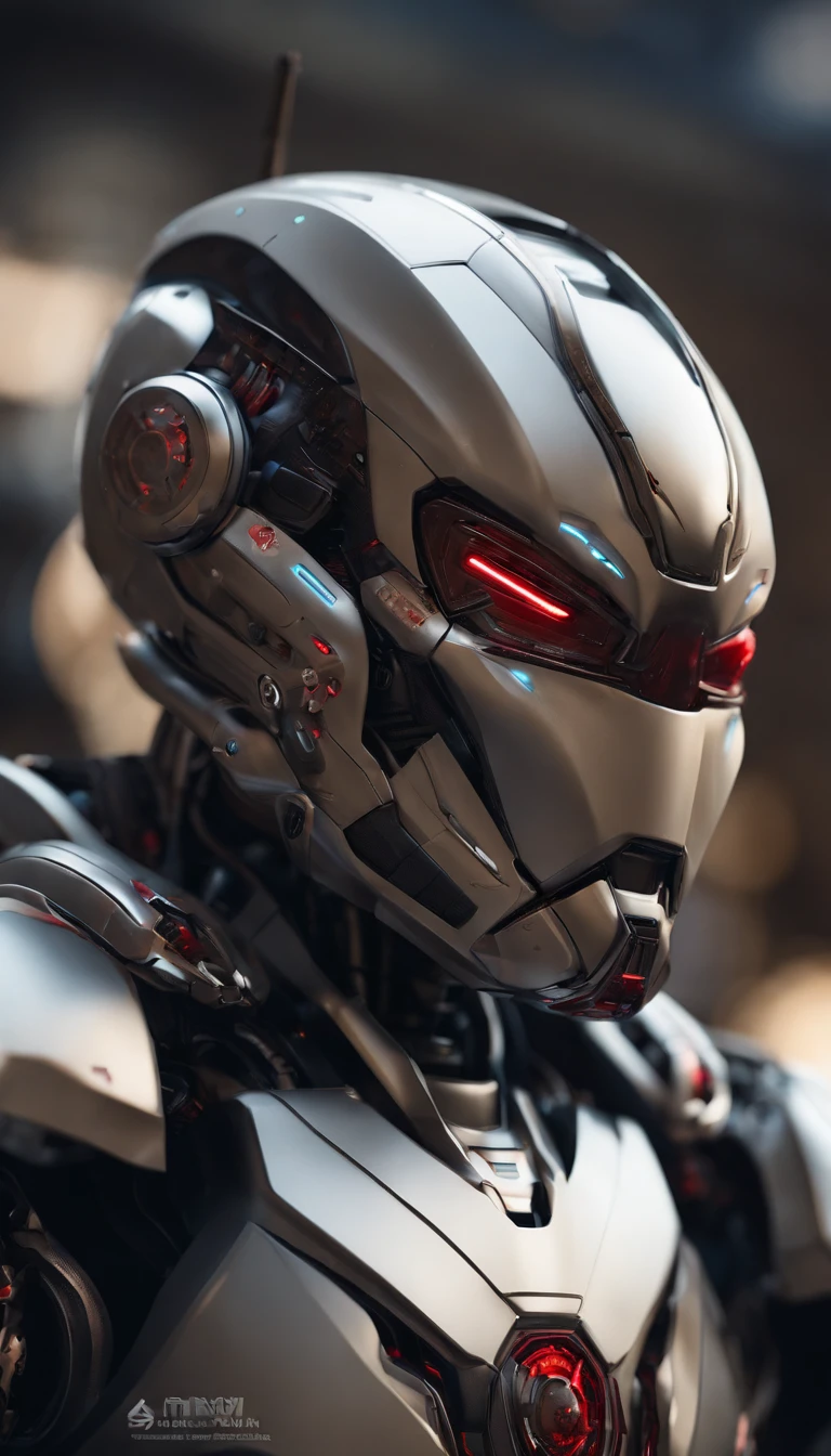 a robot,With ultra-realistic photo realism、Ultra-detailed details、8k, shelmet,sci-fy,malefocus,armour,buliding,droid,red - eyed,Surreal art