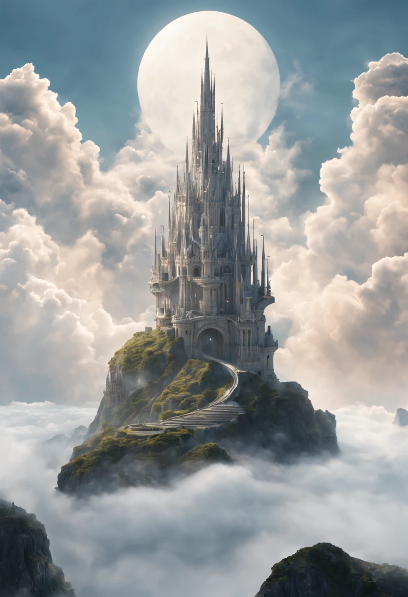 a futuristic angelic castle, on top of a mountain, surrounded by the clouds