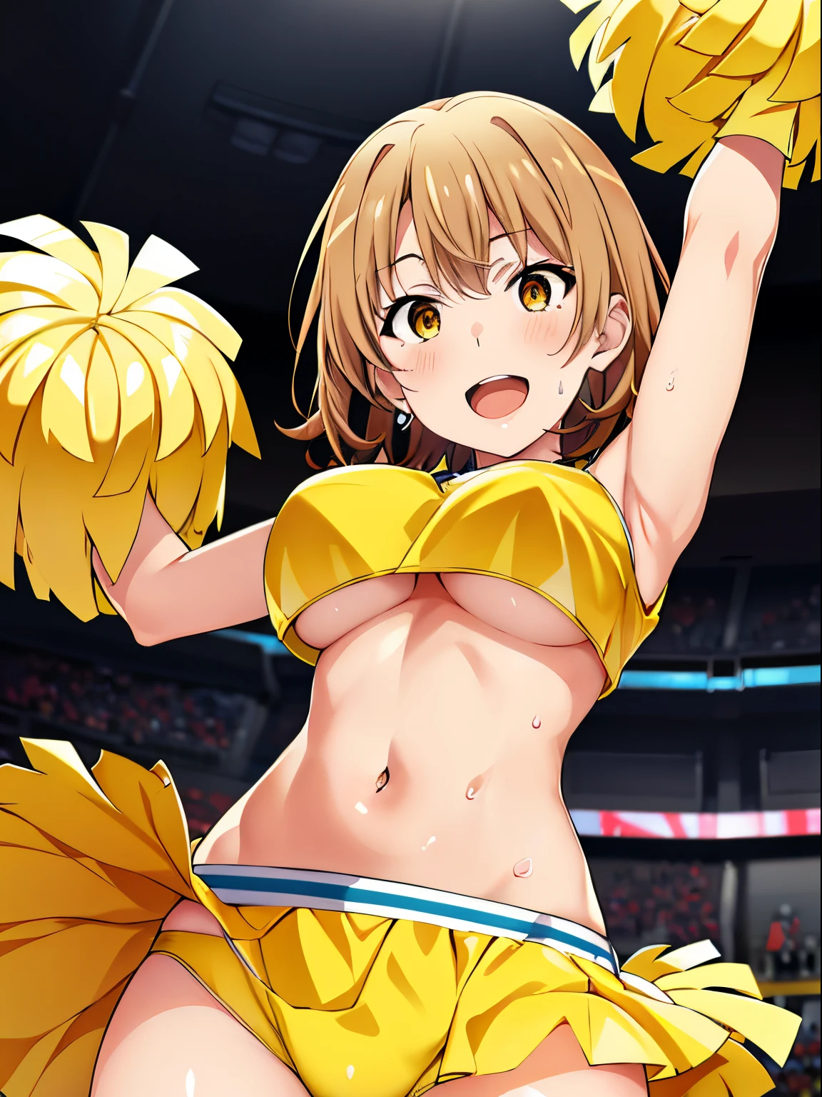 masutepiece++, Best Quality++, ultra-defined++, ultra-defined++,4K++,in 8K++, Highly detailed,
(yellow cheerleader costume, under the boobs:1.2), panties on, Midriff, Navel,
(From below:1.2)
Super shiny hair and skin,
(Sweaty body, Dynamism),
A lively smile, Open mouth, Perfect eyes, Perfect hands, Perfect nose,
arena,
isshiki iroha, short hair, Brown hair,
Looking at Viewer, Focus,