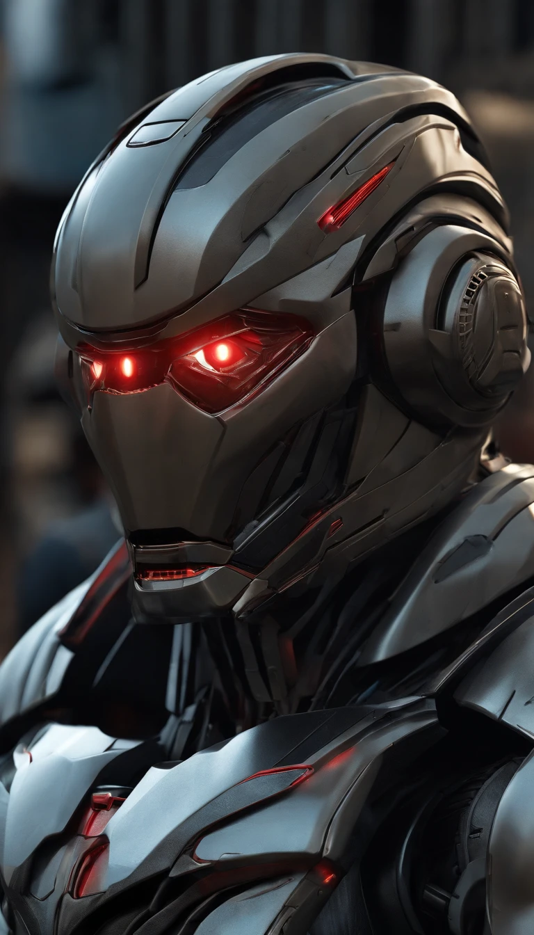 (best quality,8k,photo-realistic:1.2),ultra-detailed,hyper-realistic,robot,helmet,science fiction,male focus,armor,architecture,robotic,handsome facial features,red eyes,surreal art