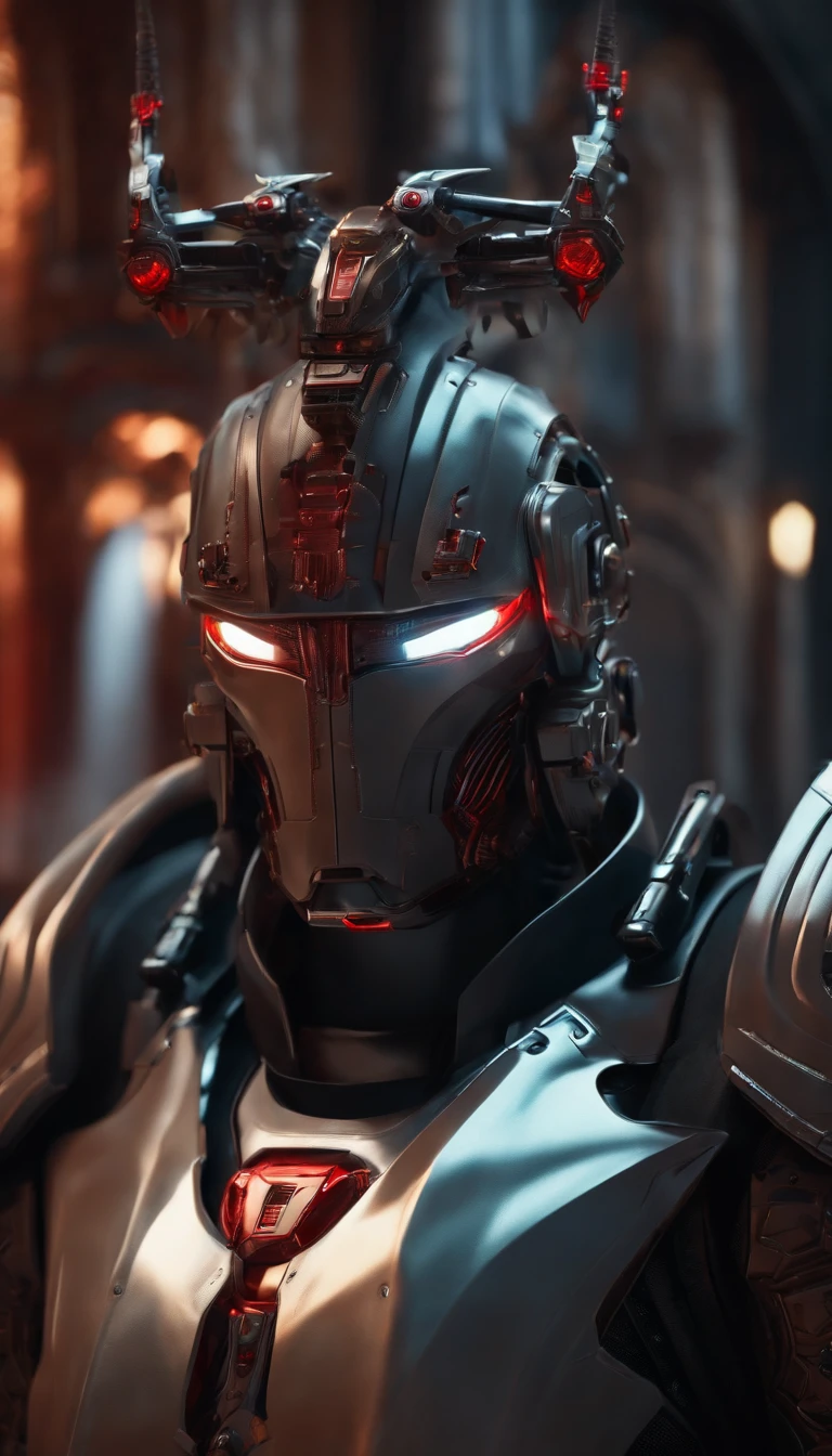 (best quality,8k,ultra-detailed,realistic:1.2),headgear,science fiction,focus on male,armor,architecture,robot,red eyes,surreal art