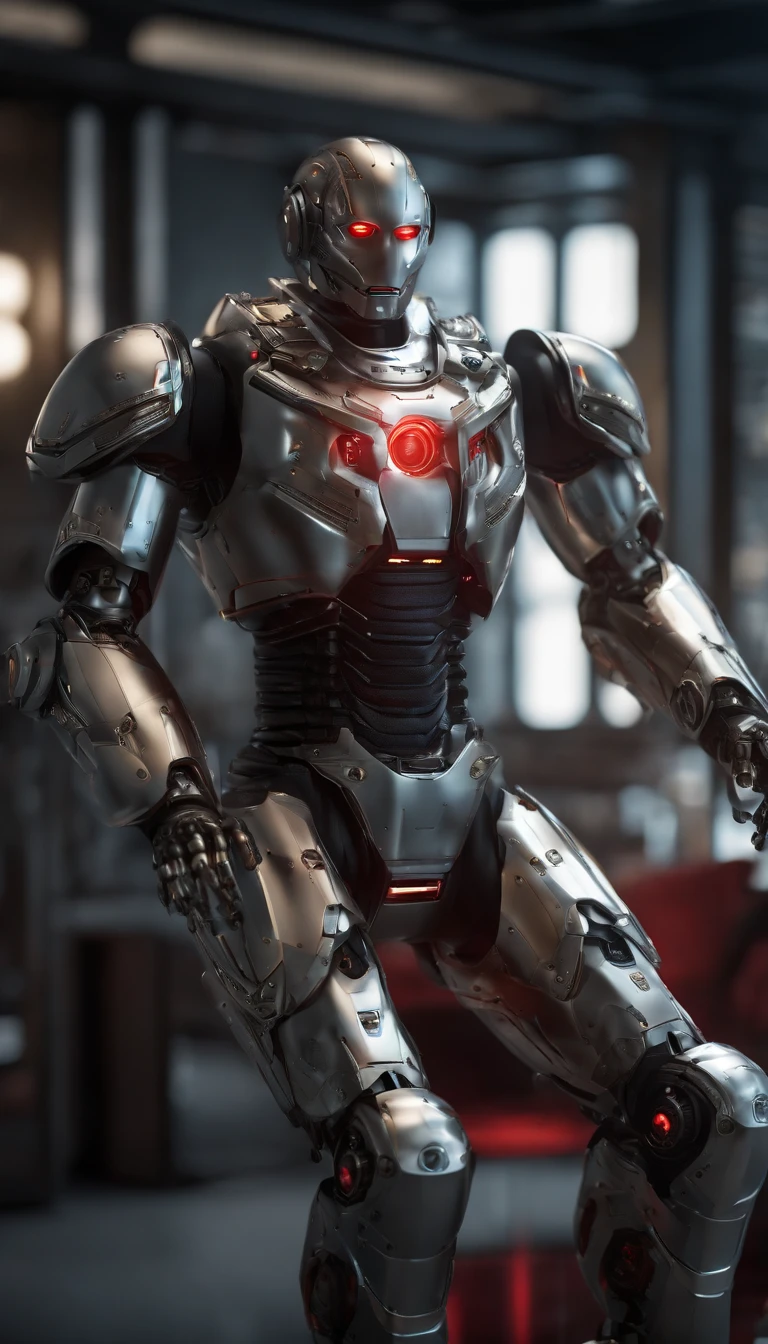 "(best quality, 8k, ultra-detailed:1.2), photo-realistic, realistic detailed textures, robotic masterpiece, futuristic, male focus, metallic armor, architectural backdrop, humanoid robot, glowing red eyes, surrealistic art"