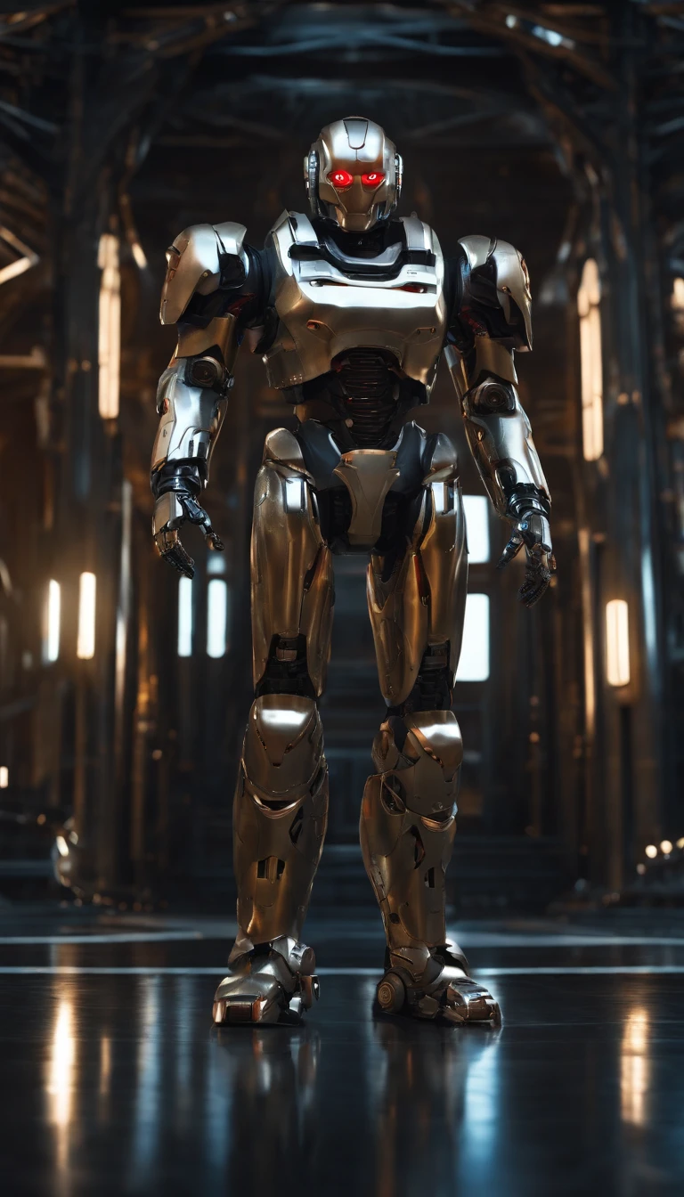 "(best quality, 8k, ultra-detailed:1.2), photo-realistic, realistic detailed textures, robotic masterpiece, futuristic, male focus, metallic armor, architectural backdrop, humanoid robot, glowing red eyes, surrealistic art"
