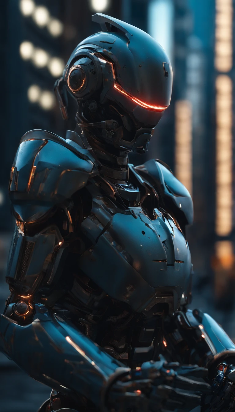(best quality,8k,ultra-detailed,realistic:1.2),helmeted robot,sci-fi,focus on male,armor,architecture,robot,red eyes,surreal art,metal shell,hyper-realistic,advanced technology,sharp edges,mechanical parts,glossy surface,strong contrast,shadows,neon lights,dystopian landscape,futuristic city,industrial backdrop,dynamic pose,clear visor,reflecting surroundings,high-tech gadgets,glowing circuits,emitting sparks,sci-fi atmosphere,otherworldly presence,imposing stature,precision engineering,meticulously crafted,perfect symmetry,impressive design,attention to detail,masterpiece:1.1,color grading,blue hues,cool tones,moody lighting,contrasting colors,dramatic shadows,artistic vision.