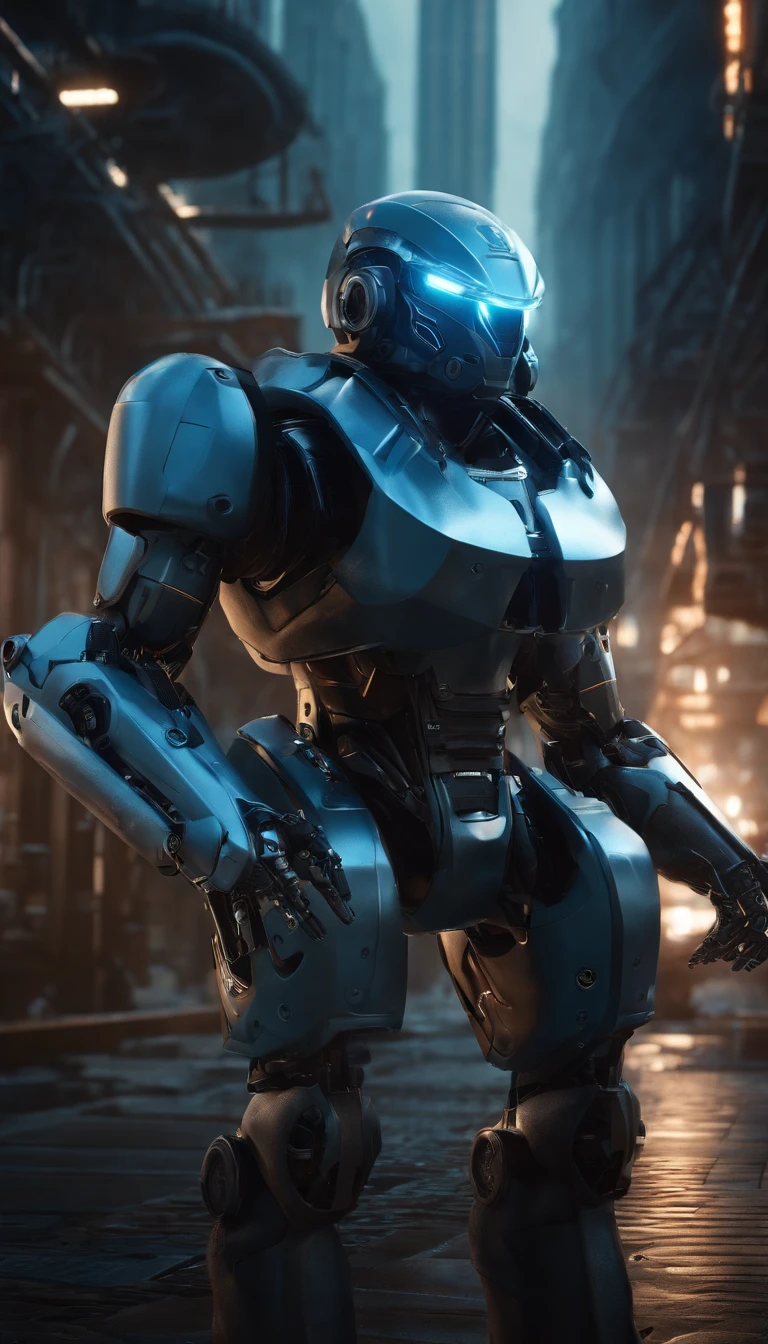 (best quality,8k,ultra-detailed,realistic:1.2),helmeted robot,sci-fi,focus on male,armor,architecture,robot,red eyes,surreal art,metal shell,hyper-realistic,advanced technology,sharp edges,mechanical parts,glossy surface,strong contrast,shadows,neon lights,dystopian landscape,futuristic city,industrial backdrop,dynamic pose,clear visor,reflecting surroundings,high-tech gadgets,glowing circuits,emitting sparks,sci-fi atmosphere,otherworldly presence,imposing stature,precision engineering,meticulously crafted,perfect symmetry,impressive design,attention to detail,masterpiece:1.1,color grading,blue hues,cool tones,moody lighting,contrasting colors,dramatic shadows,artistic vision.