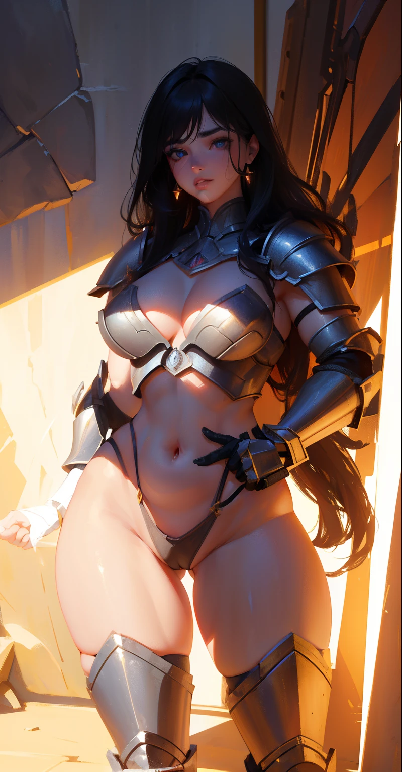 (masterpiece), (best quality), 4k resolution, (light and shadow effect), a girl, adult, ((warrior)), fair skin, (perfect eyes), eyebrow, nose, ear, mouth, lips, big hair, highlights, bangs, (light and shadow effects on the hair), diamond armor on the body, thick legs, thick thighs