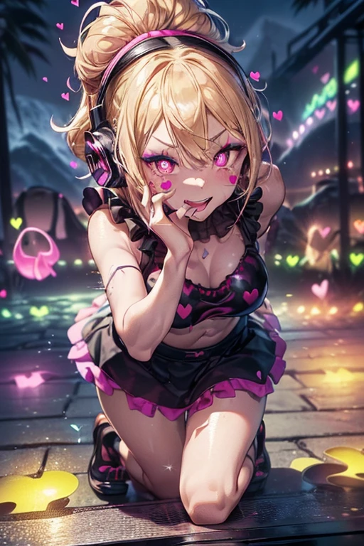 top quality, (Masterpiece: 1.3), (Maximum resolution: 1.2), (Ultra HDTV: 1.2), Cinema light, Ultra HDTV, (Detailed eyes and skin), (Detailed facial features), HDR, 8k resolution, Sharp Focus: 1.2, (solo DJ girl:1.6), ((She stimulated the floor from the DJ booth, motion blur: 1.6)), (dynamic angle:1.5), (dynamic pose:1.5), Perfect style, beautiful face, accurate, anatomically correct, highly detailed face and skin texture, detailed eyes, red eyes, double eyelids, thin eyebrows, glitter eyeliner: 1.2, blushed cheeks, round face, (tanned skin:1.8), fair skin: 1.2, (glossy lips: 1.4),(flashy makeup:1.4), (heart shaped pupils:1.5), BREAK first-person-view, ((Wearing vivid color tanktop , extra short frilled mini skirt as bottom, and sexy side tie panty :1.6)), (punkish accessories:1.5), ((DJ headphone:1.6)), (confident look:1.2), (((excited:2.0))), innocent and Cute girl, ((( glossy blond hair with vivid black innner colors:1.5 ))), (( extra long, tying up in 2buns, messy hair:1.6)), BREAK (Full body shot: 1.2), (focus on slim curve), (medium large breasts:1.2), ((( at the RAVE party deep in the mountain , at night : 1.6)), (full of enthusiasm:1.5),