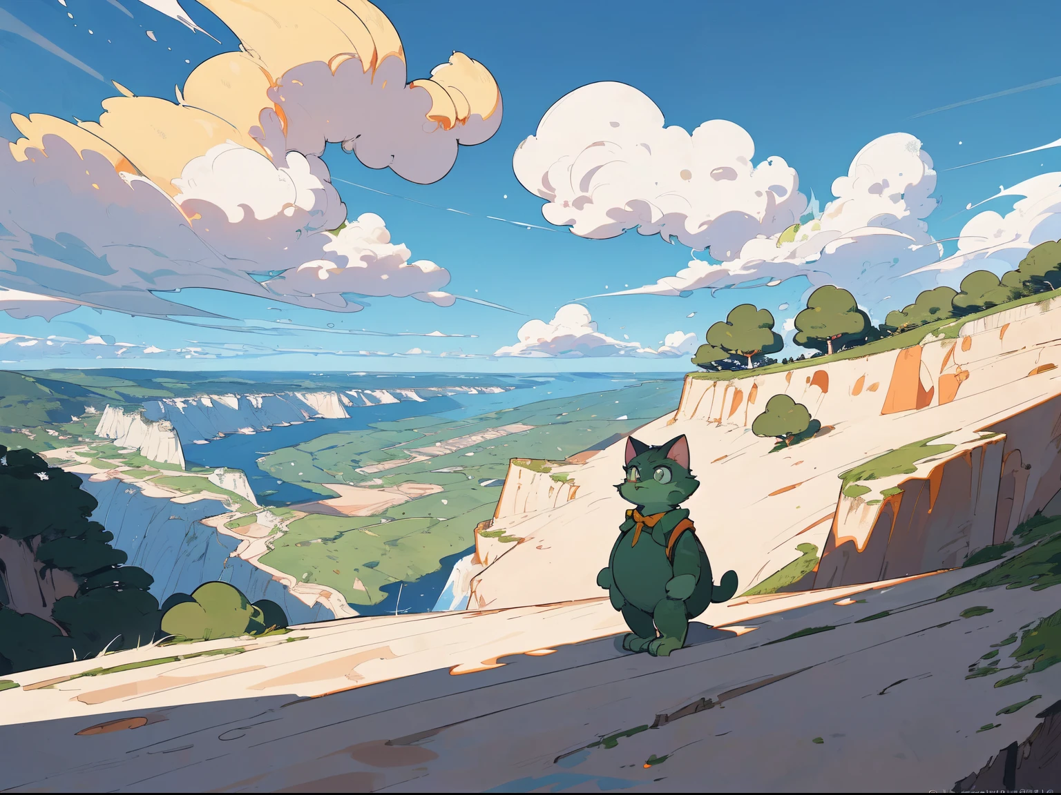 masterpiece, super detail, textured skin, 1080P, 
Grinch, (1furry, humanoid creatures, green, furry, big bellied, pear shaped, short nosed cat like face, cynical), 
(standing on the cliff, (detailed cliff), in a (small town) below the cliff, detailed small town, best sky, detailed sky), 
overlooking perspective, best shadow, vanishing point, 
(from cartoonist Sus), children's book,