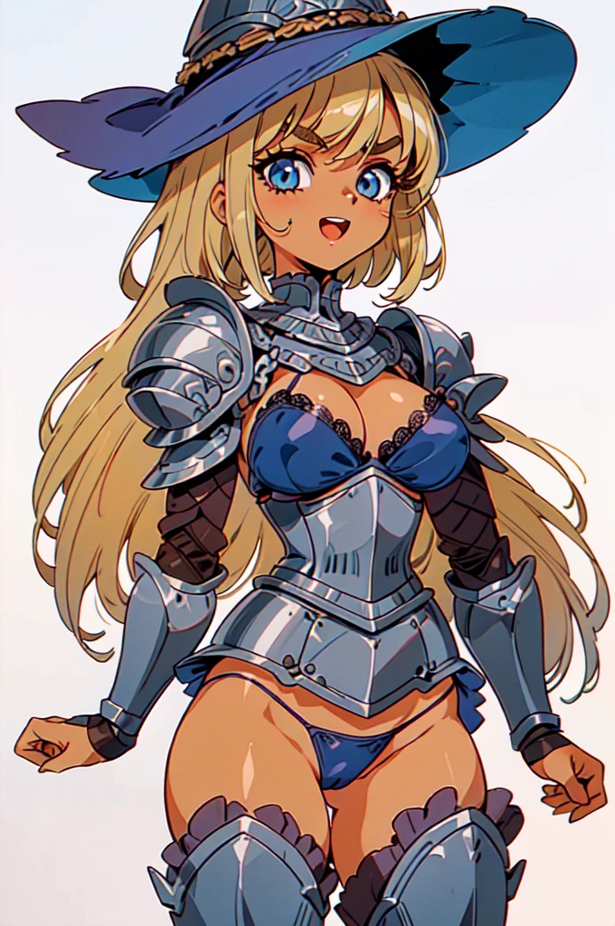 "(masterpiece:1.1), best quality, NSFW,
1girl, (80s anime style:1.3), (eyelashes:1.5), (loli:1.2),
(intricate high detailed body:1.2),
blonde hair, (bangs:1.1), (short hair:1.1), (witch hat:1.2),
blue eyes, (thick eyebrows:1.1),
(dark skin:1.4), (large breasts:1.1),
(angry, smile:1.2), open mouth,
(lace bikini armor, corset:1.2),
(knight armor, armored boots:1.2), (frill:1.1), (streaked hair:1.2), collar,
standing, arms behind back,
(upper body, cowboy shot, looking at viewer, from front:1.1),
(simple white background:1.2)"
